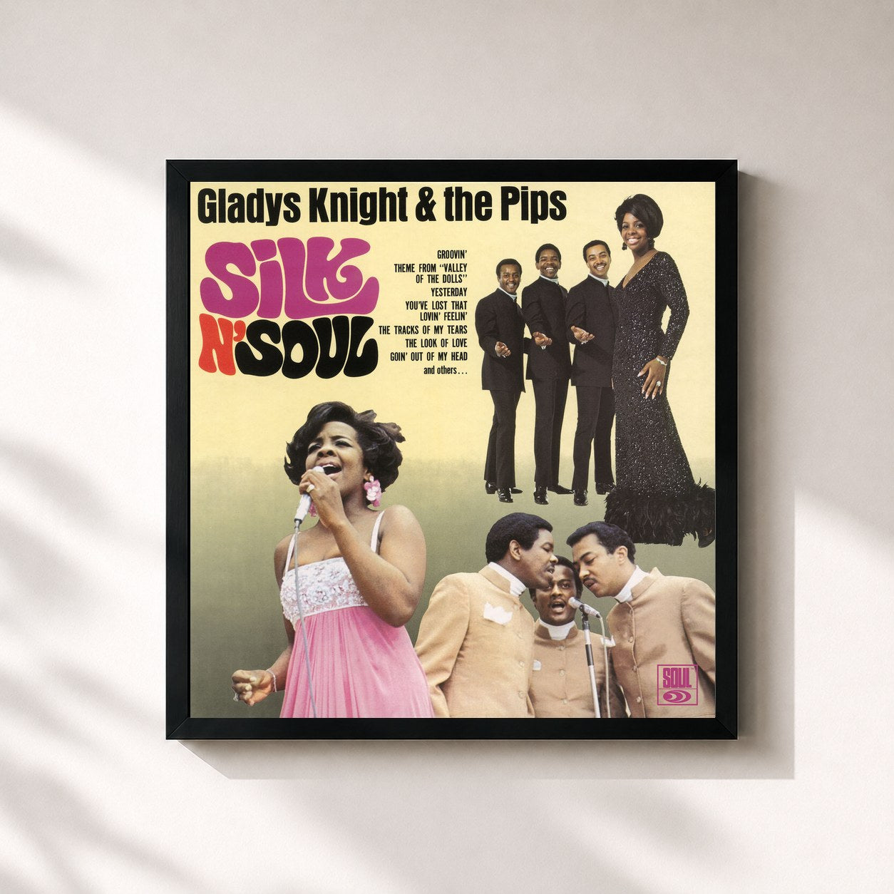 #noir Tableau carré de l'album Silk N' Soul de Gladys Knight & The Pips, cadre noir 32x32 cm