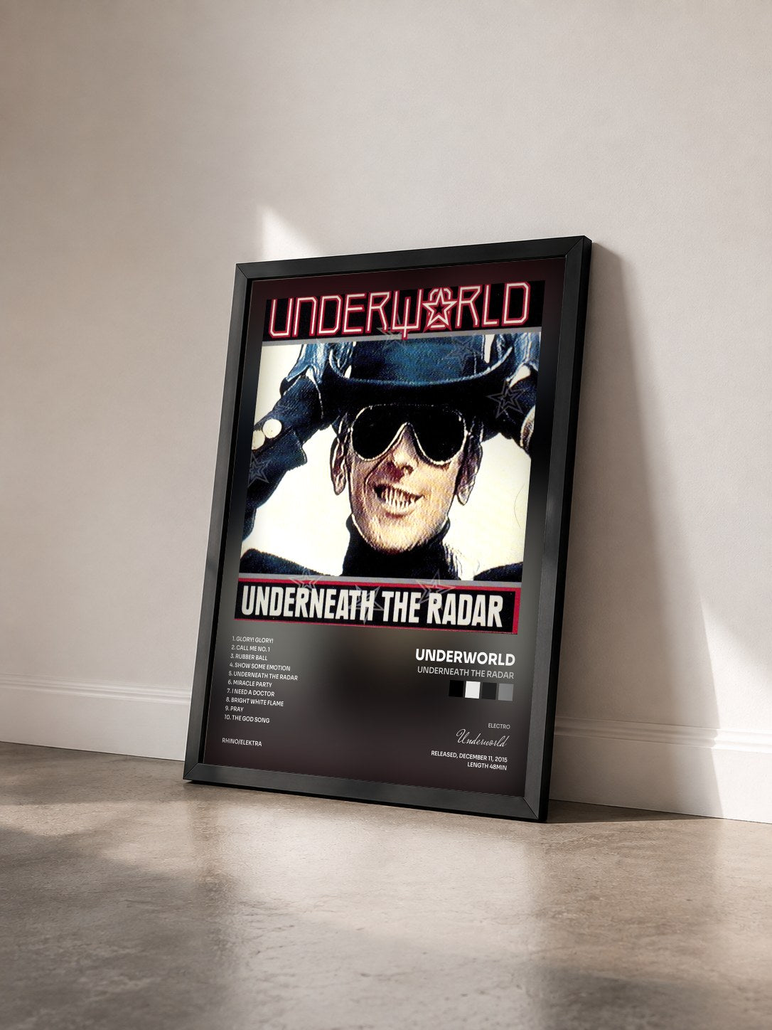 #noir Underneath The Radar by Underworld as a framed art print seen at an angle, black frame