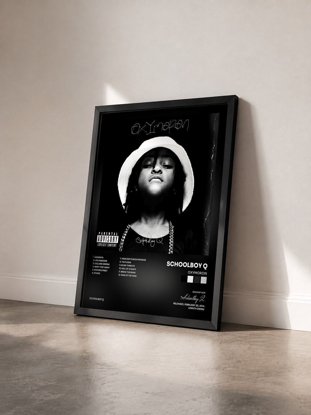 #noir Oxymoron de Schoolboy Q en lámina enmarcada vista de tres cuartos, marco negro