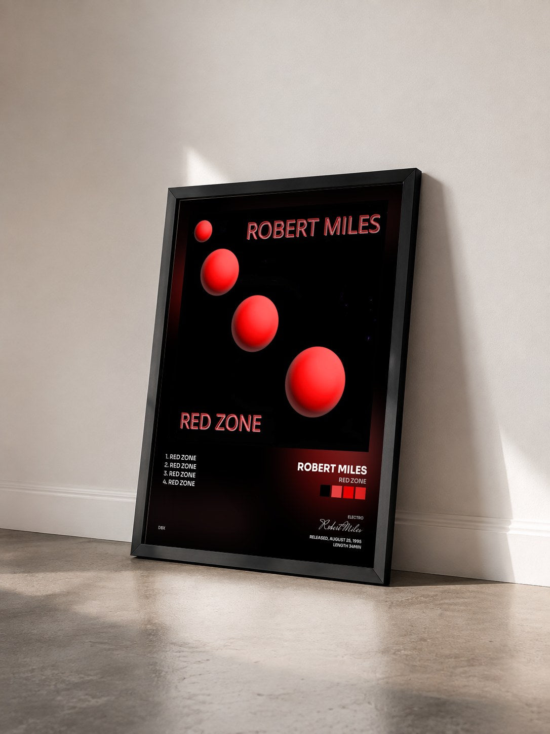 #noir Tableau de l'album Red Zone de Robert Miles vu de trois quarts, cadre noir
