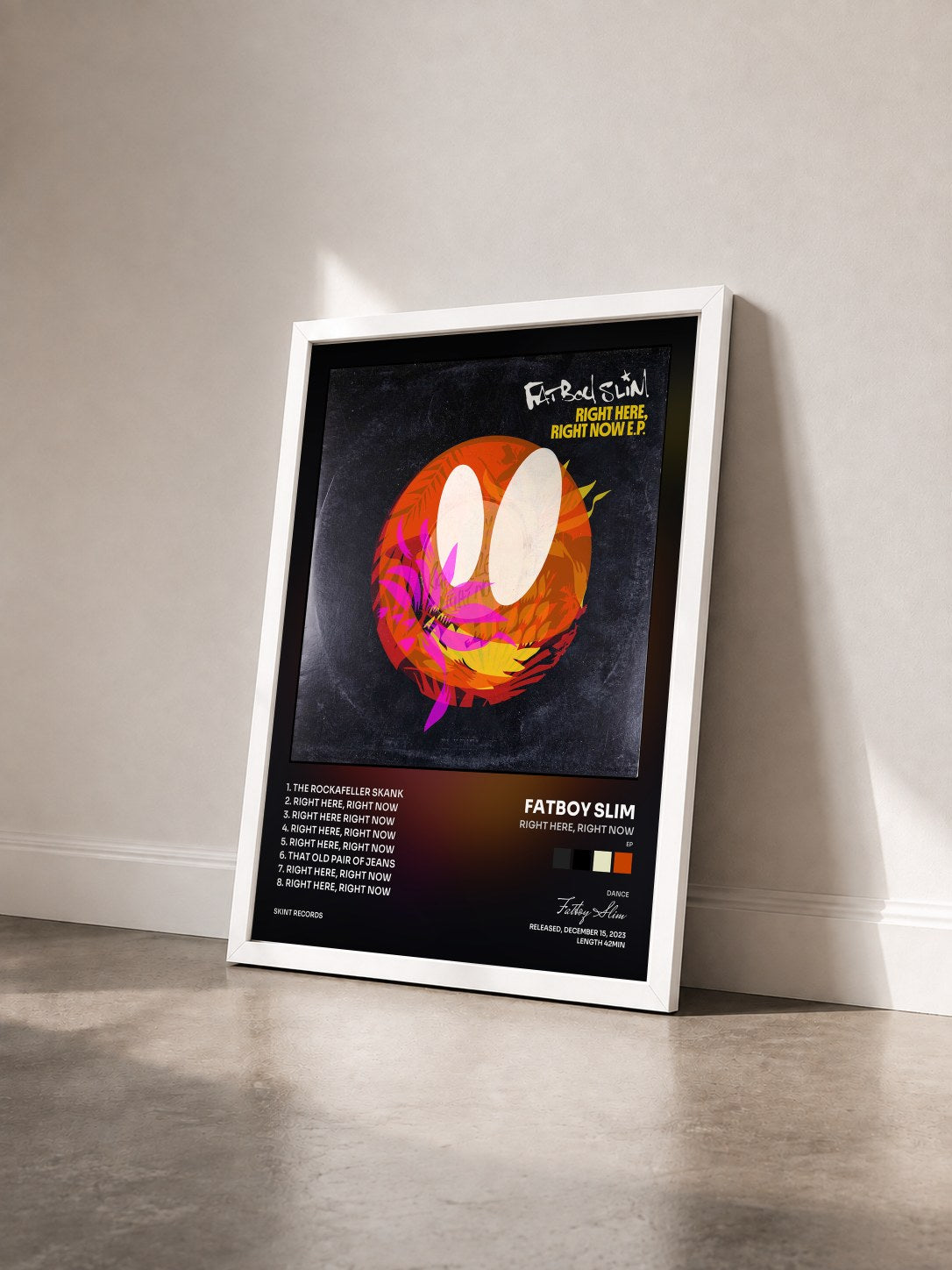 #blanc Tableau de l'album Right Here, Right Now (EP) de Fatboy Slim vu de trois quarts, cadre blanc