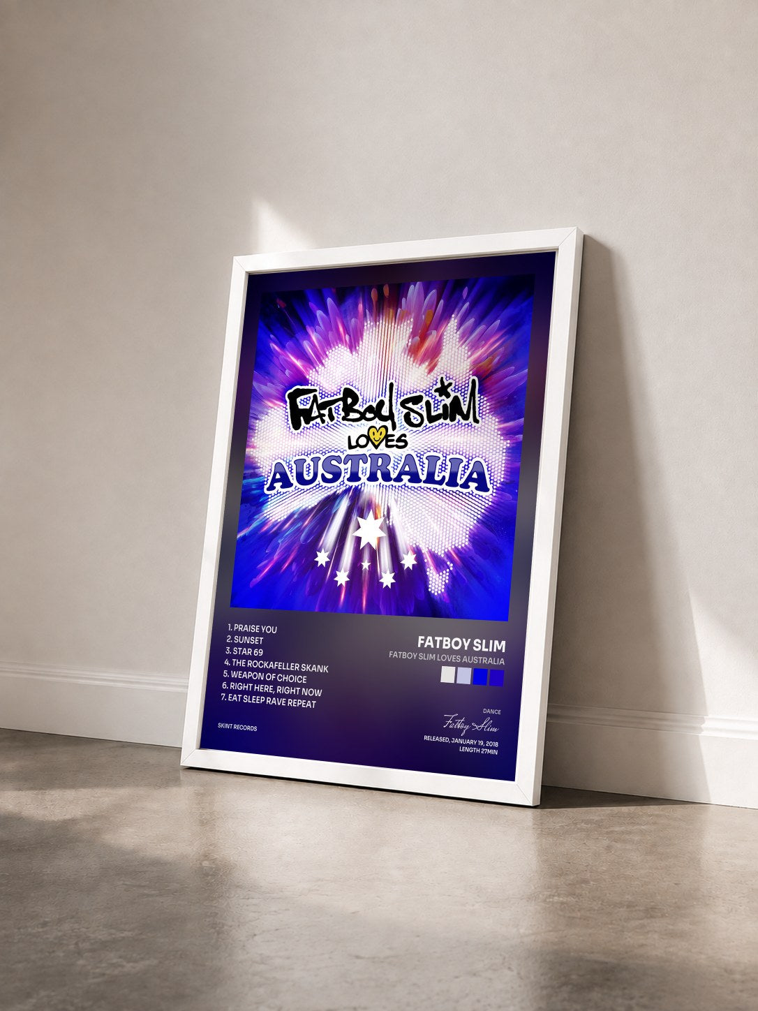 #blanc Tableau de l'album Fatboy Slim Loves Australia de Fatboy Slim vu de trois quarts, cadre blanc