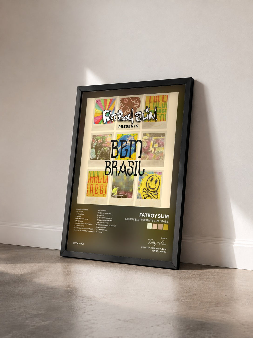 #noir Fatboy Slim Presents Bem Brasil by Fatboy Slim as a framed art print seen at an angle, black frame