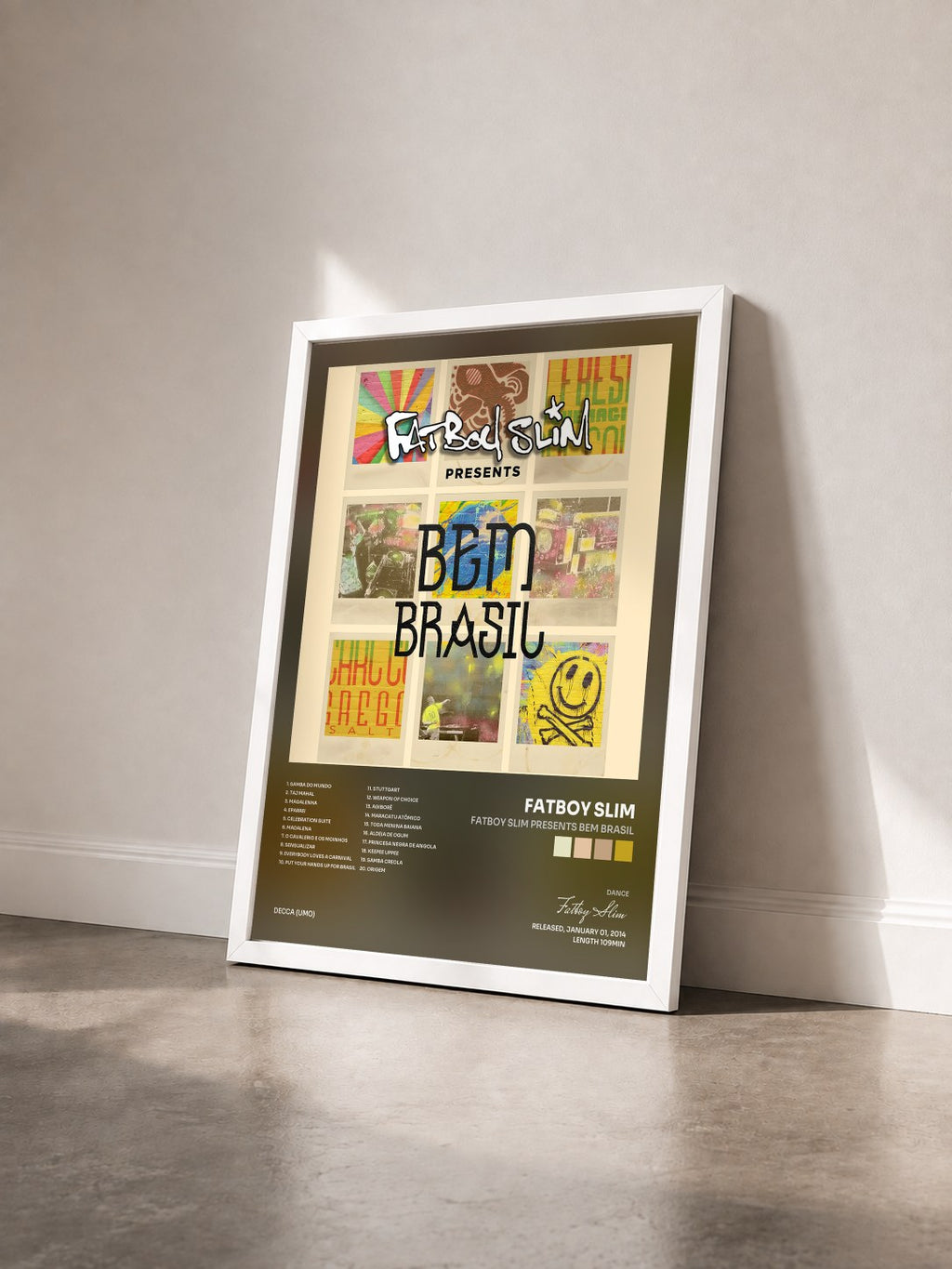 #blanc Fatboy Slim Presents Bem Brasil by Fatboy Slim as a framed art print seen at an angle, white frame