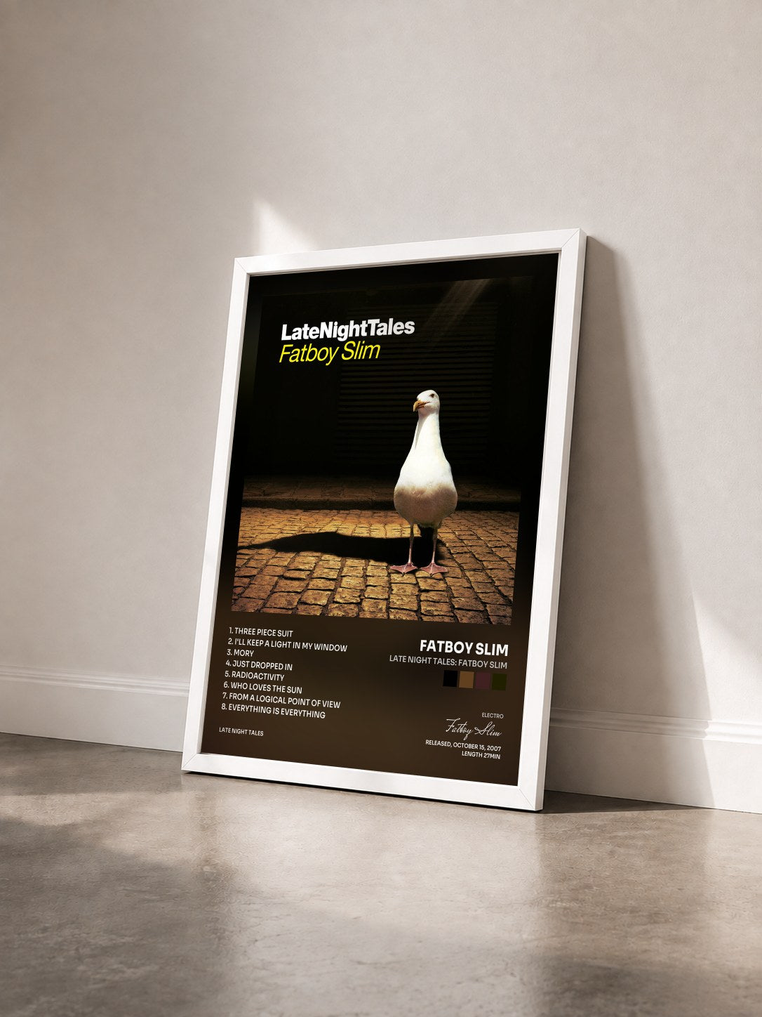 #blanc Tableau de l'album Late Night Tales: Fatboy Slim de Fatboy Slim vu de trois quarts, cadre blanc