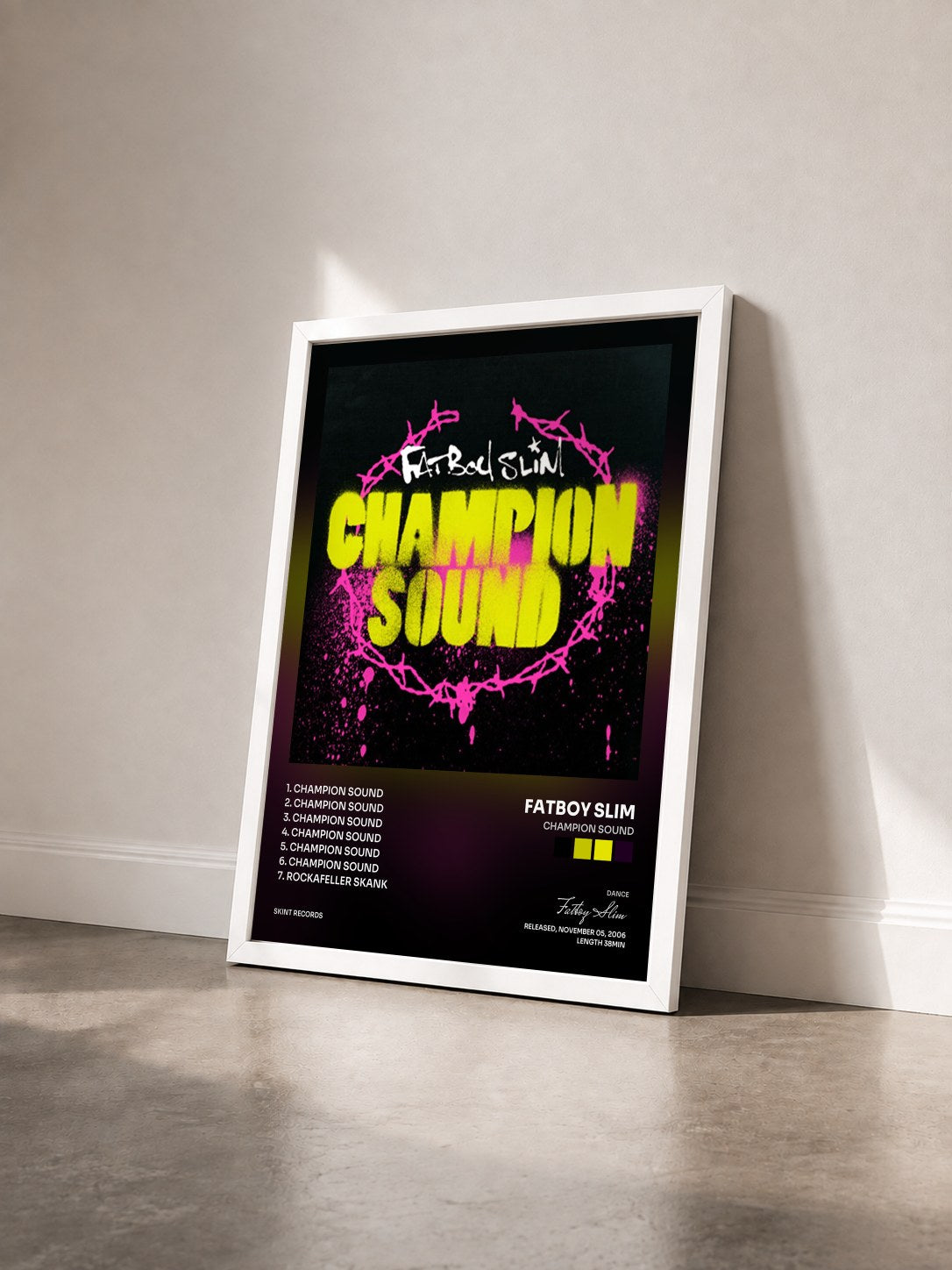 #blanc Tableau de l'album Champion Sound de Fatboy Slim vu de trois quarts, cadre blanc