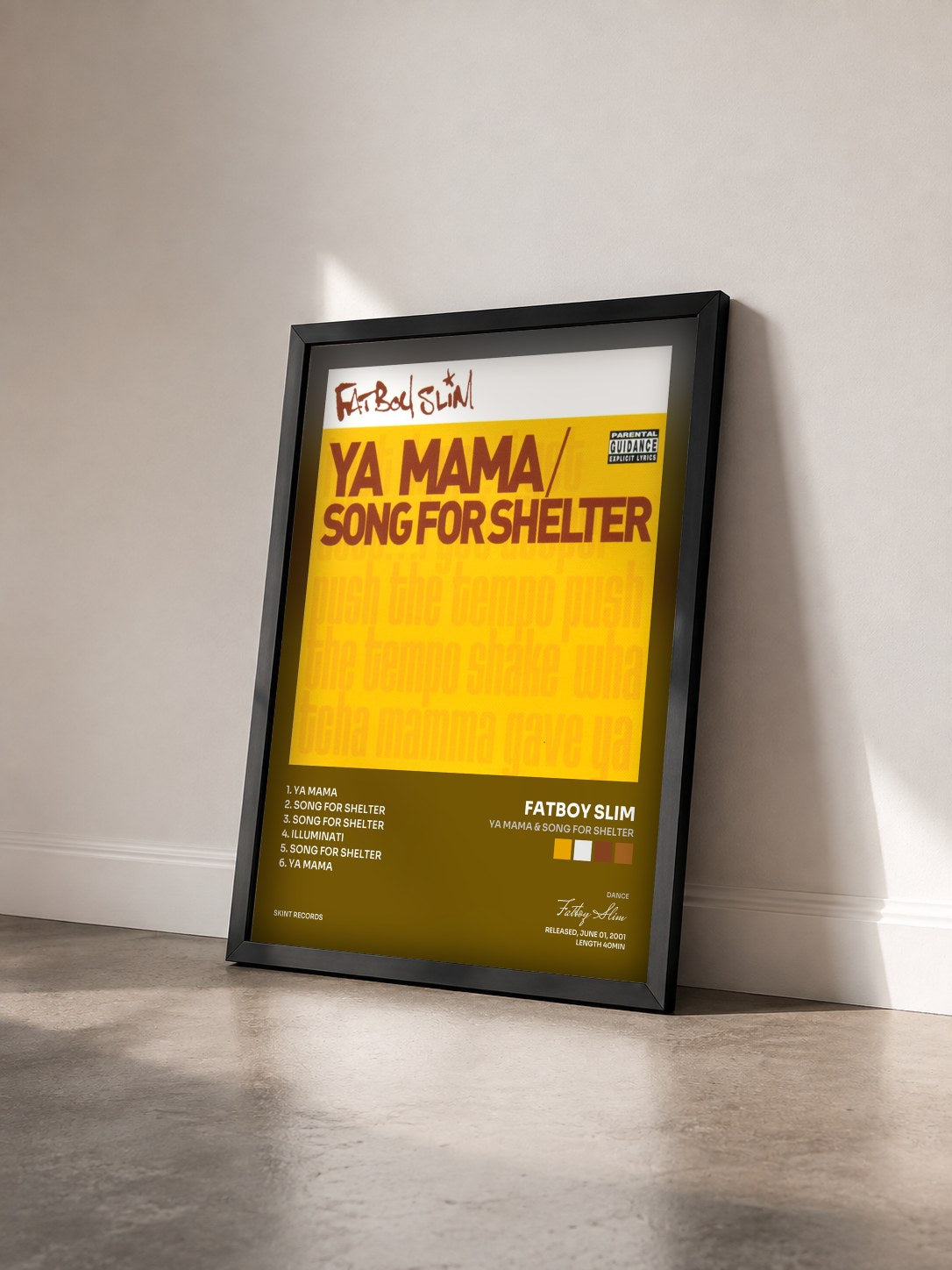 #noir Tableau de l'album Ya Mama & Song for Shelter de Fatboy Slim vu de trois quarts, cadre noir