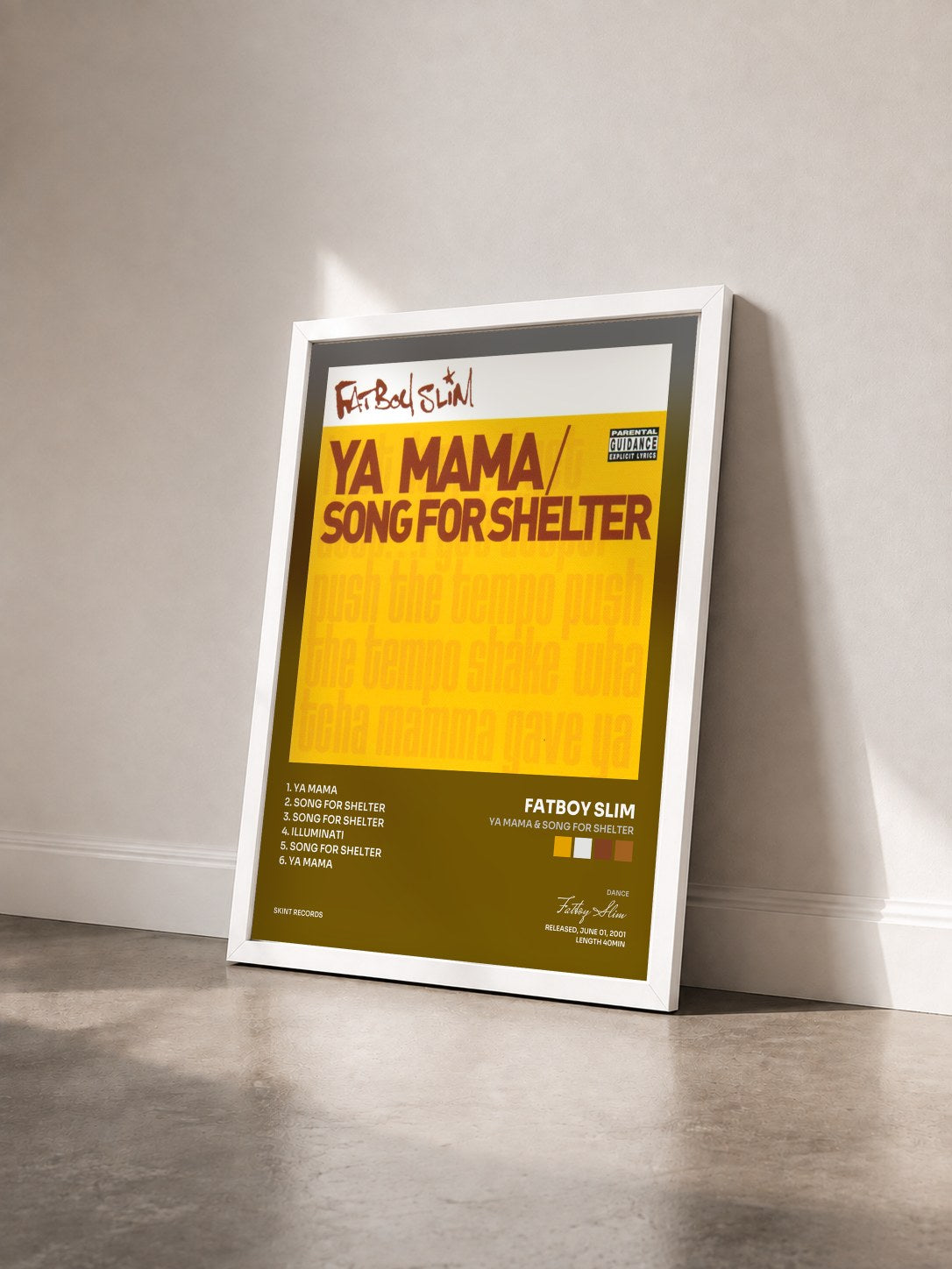 #blanc Tableau de l'album Ya Mama & Song for Shelter de Fatboy Slim vu de trois quarts, cadre blanc