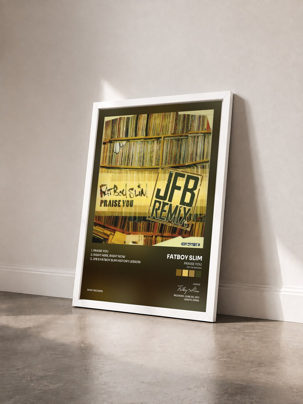 #blanc Tableau de l'album Praise You (JFB the Remixes) de Fatboy Slim vu de trois quarts, cadre blanc