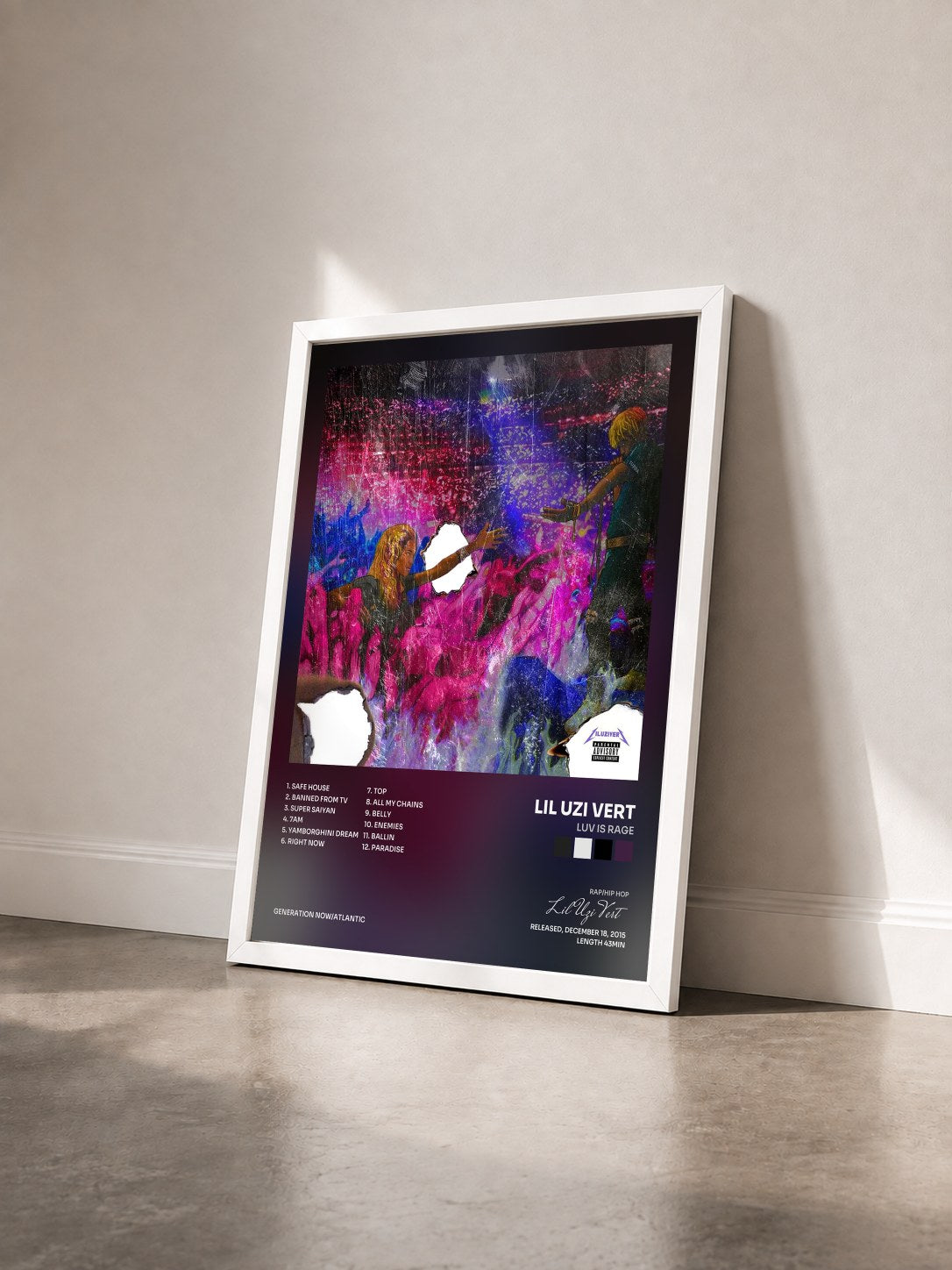 #blanc Tableau de l'album Luv Is Rage de Lil Uzi Vert vu de trois quarts, cadre blanc