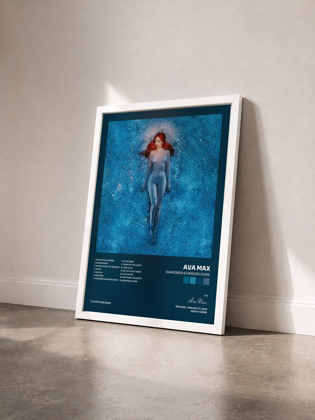 #blanc Diamonds & Dancefloors by Ava Max as a framed art print seen at an angle, white frame