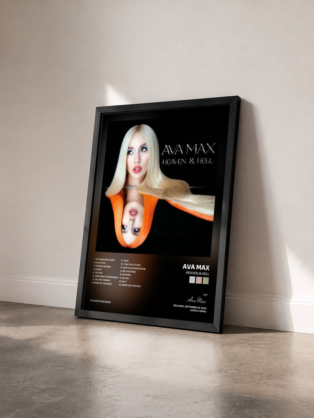 #noir Heaven & Hell by Ava Max as a framed art print seen at an angle, black frame