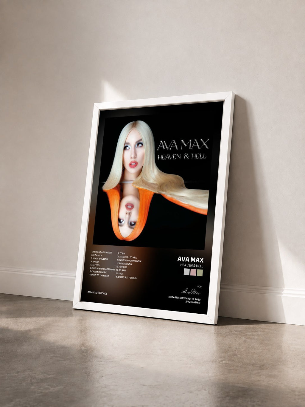 #blanc Heaven & Hell by Ava Max as a framed art print seen at an angle, white frame