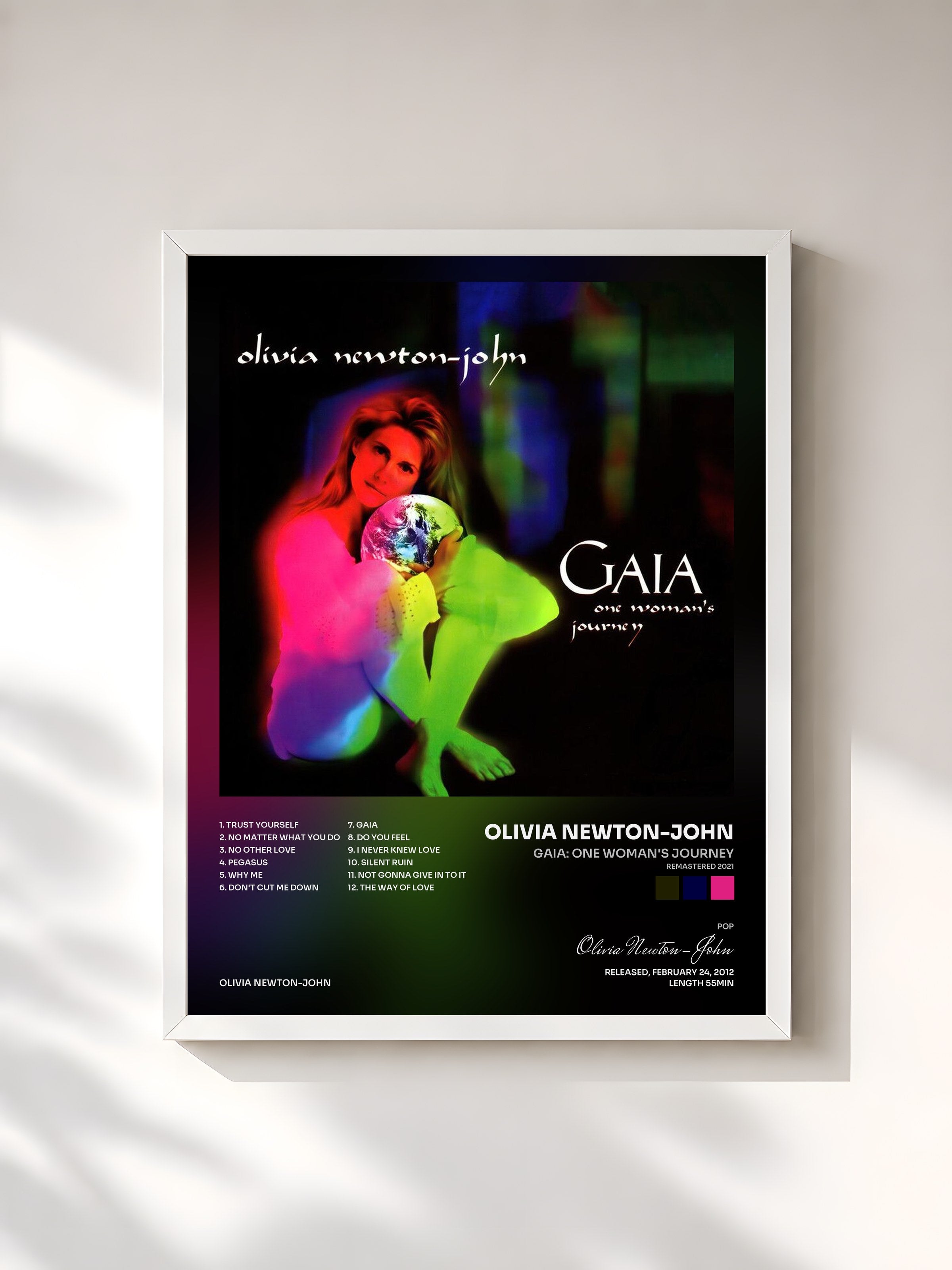 #blanc Tableau de l'album Gaia: One Woman's Journey (Remastered 2021) de Olivia Newton-John, cadre blanc, imprimé et encadré en France