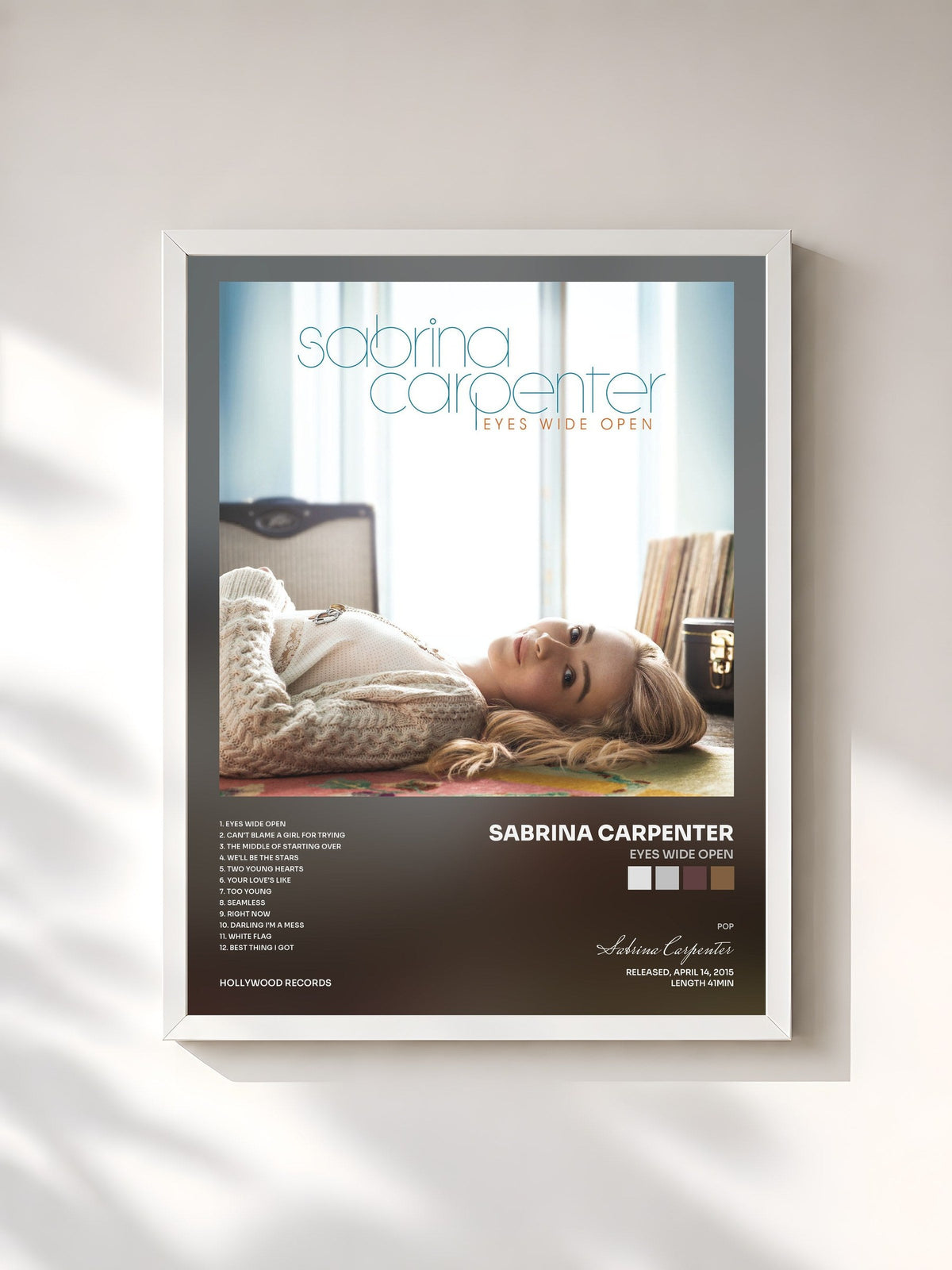 #blanc Tableau de l'album Eyes Wide Open de Sabrina Carpenter, cadre blanc, imprimé et encadré en France