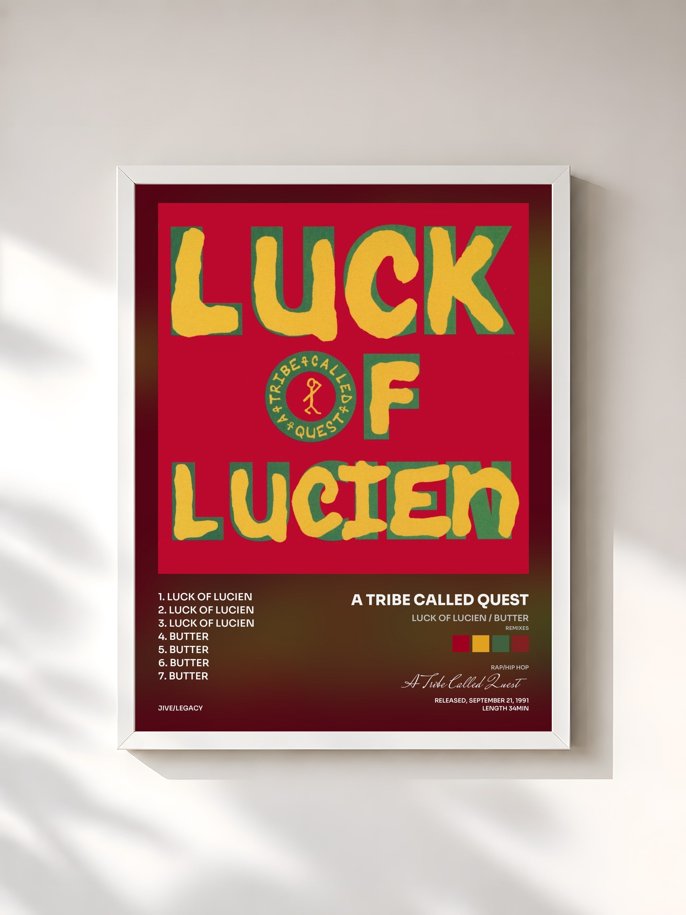 #blanc Tableau de l'album Luck of Lucien / Butter (Remixes) de A Tribe Called Quest, cadre blanc, imprimé et encadré en France