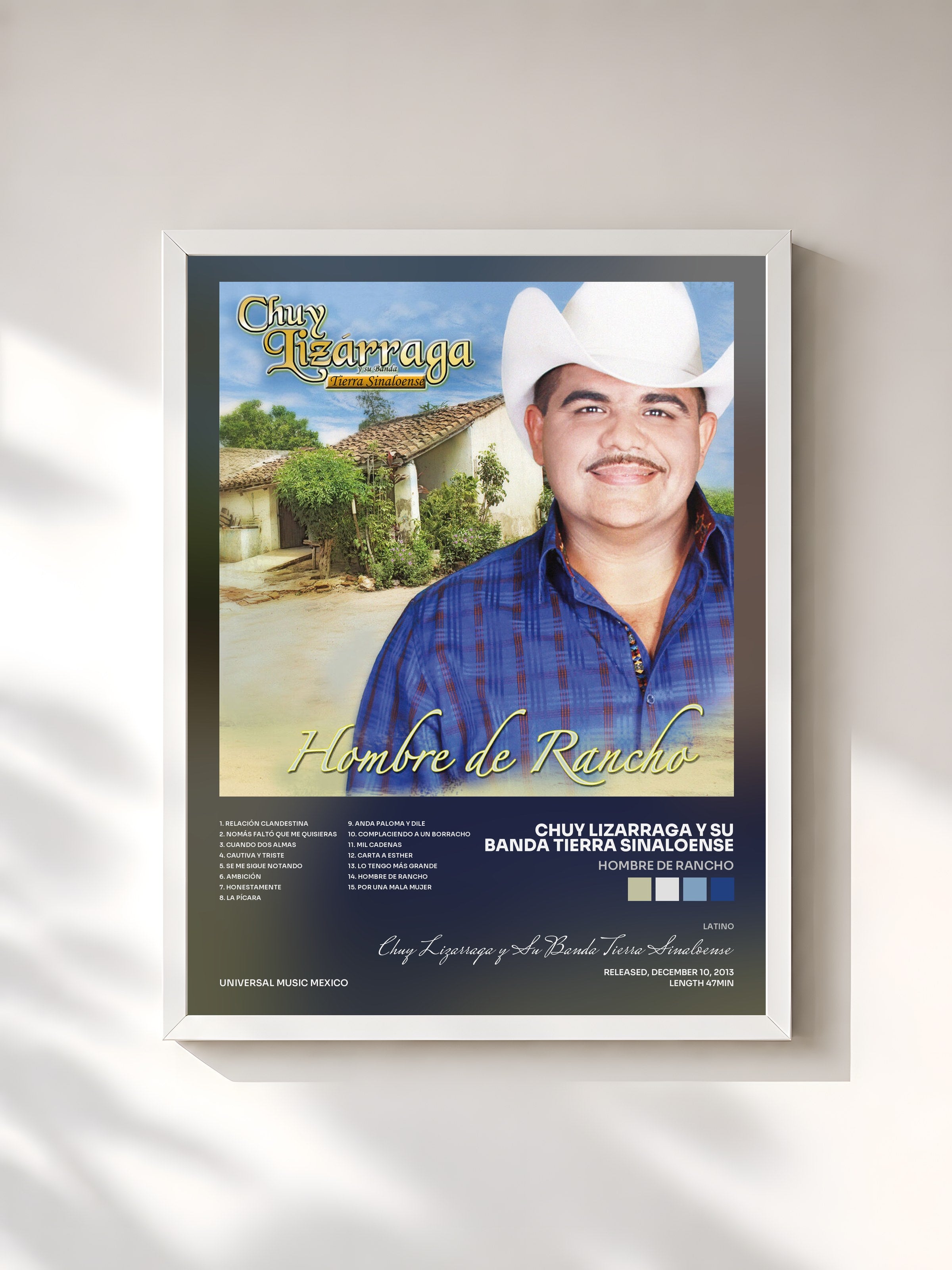 #blanc Tableau de l'album Hombre De Rancho de Chuy Lizarraga y Su Banda Tierra Sinaloense, cadre blanc, imprimé et encadré en France