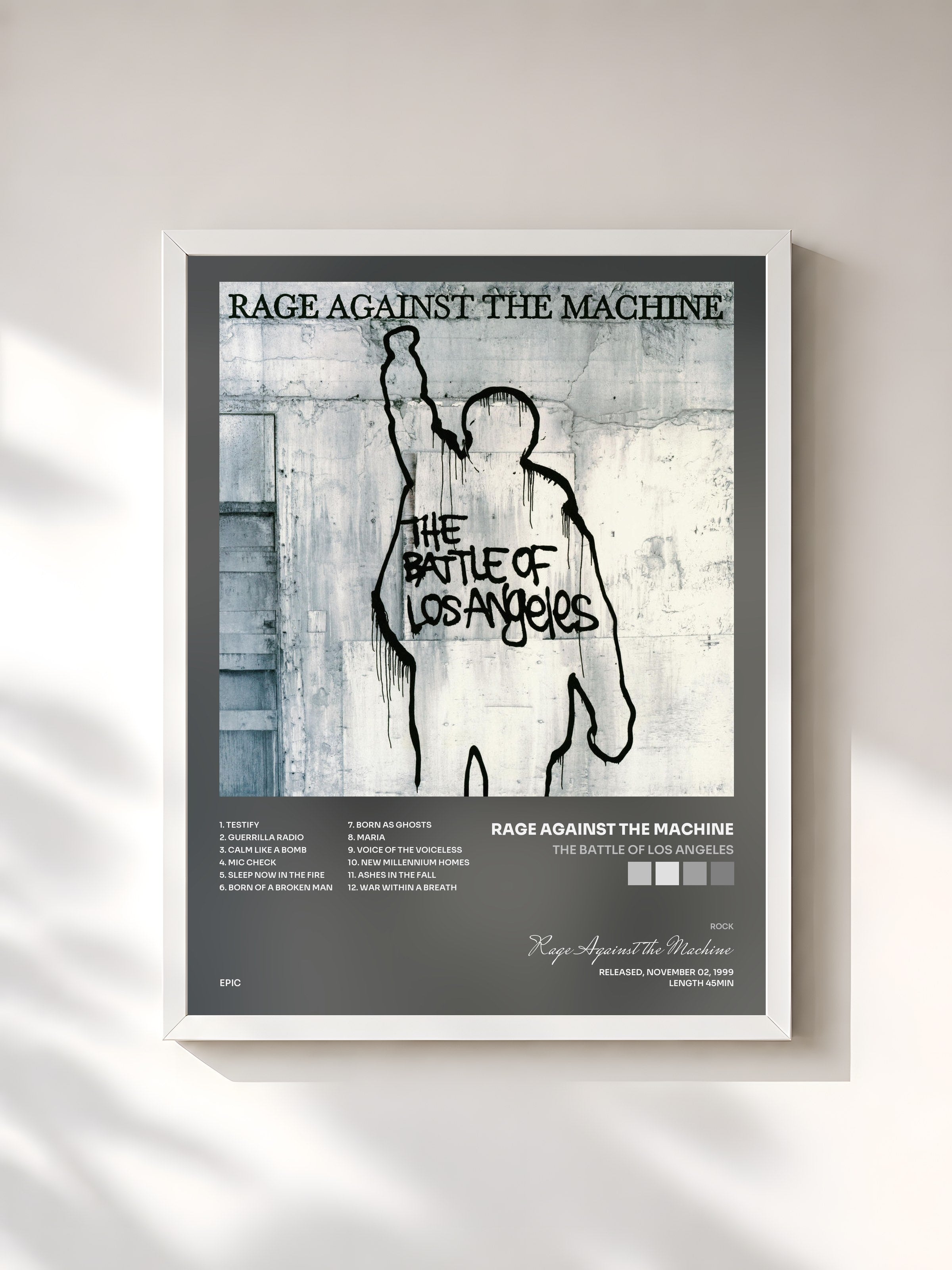 #blanc The Battle Of Los Angeles by Rage Against the Machine as a framed art print, white frame, printed and framed in France