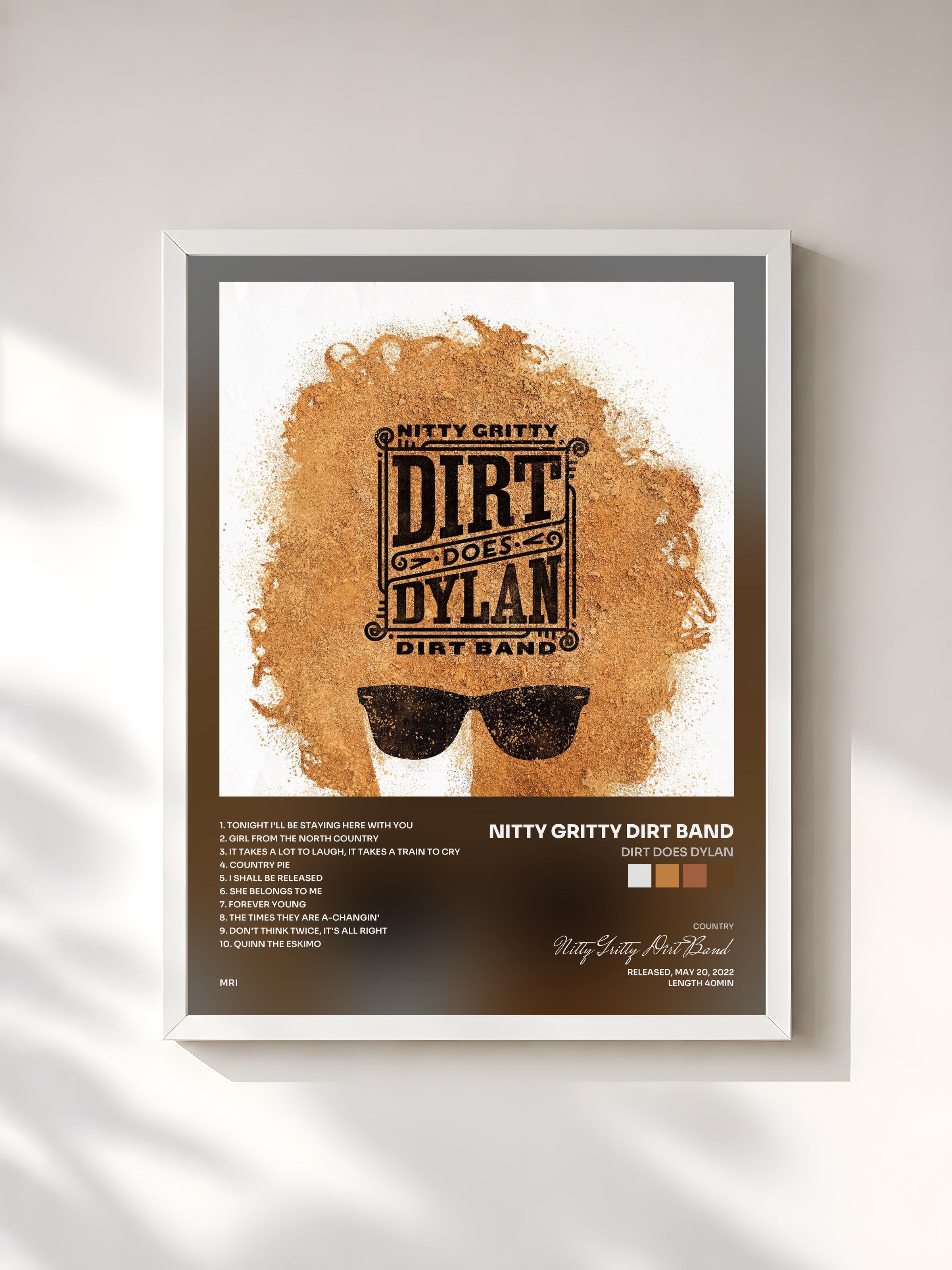 #blanc Tableau de l'album Dirt Does Dylan de Nitty Gritty Dirt Band, cadre blanc, imprimé et encadré en France