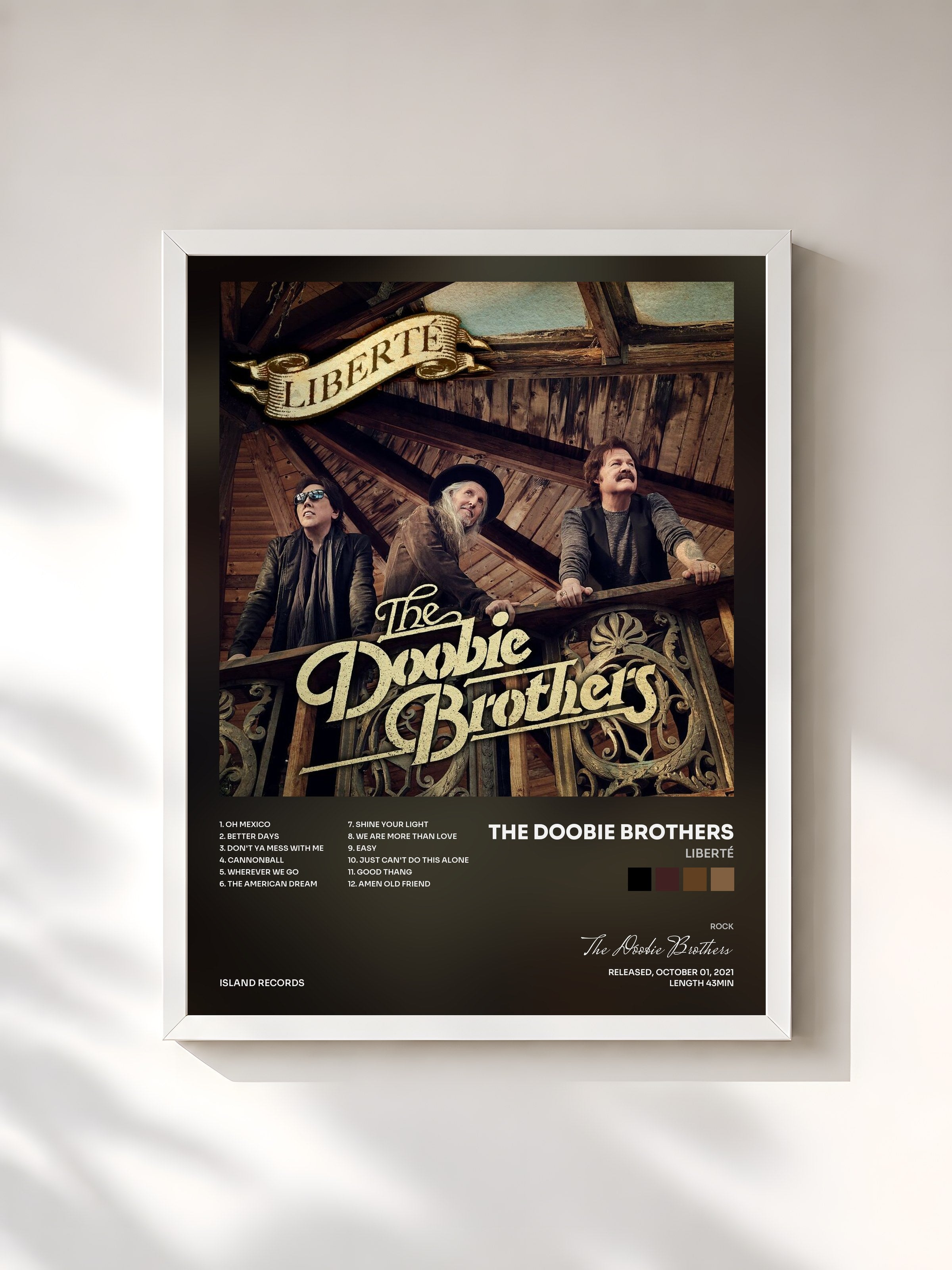 #blanc Tableau de l'album Liberté de The Doobie Brothers, cadre blanc, imprimé et encadré en France