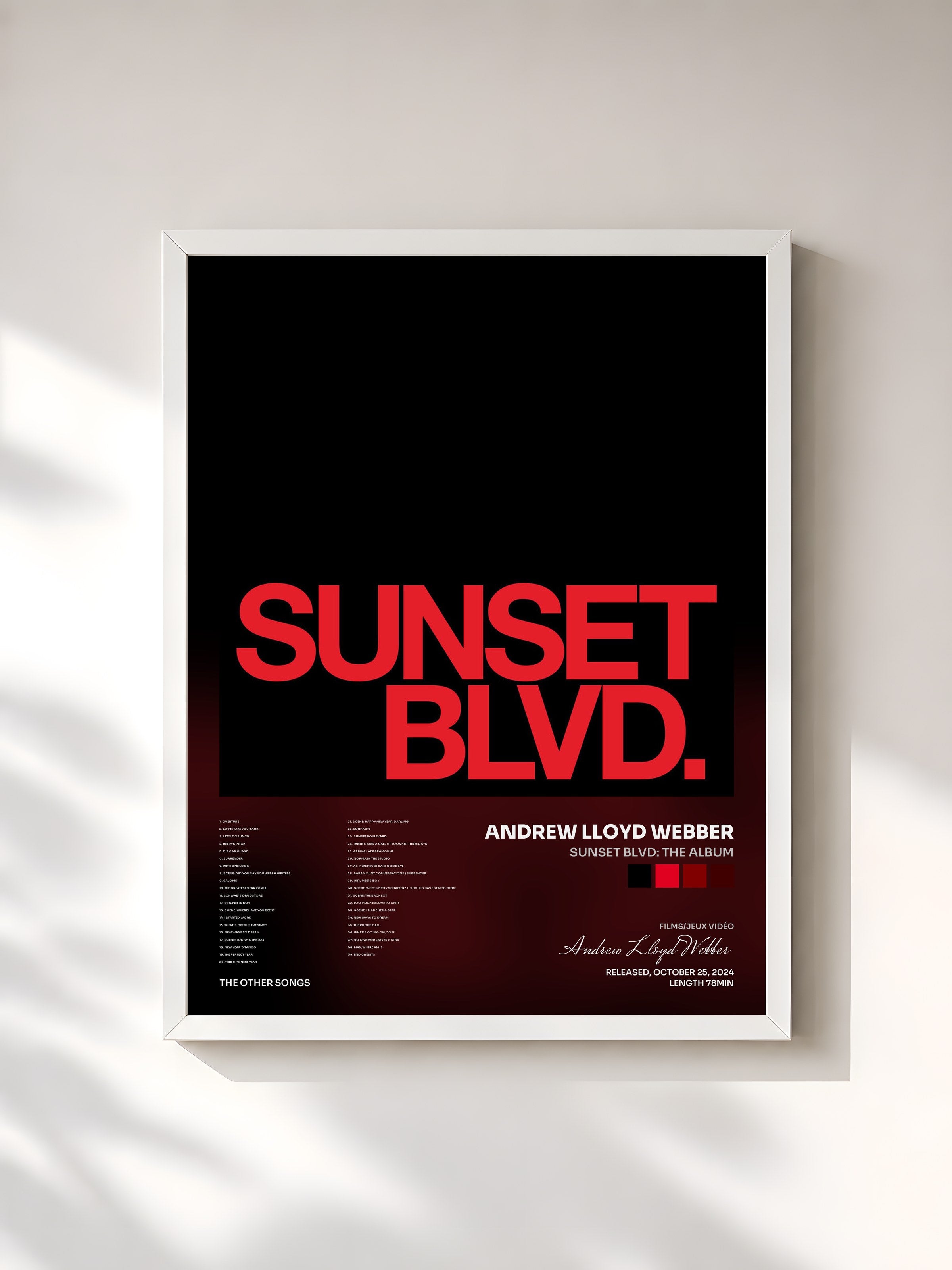 #blanc Tableau de l'album SUNSET BLVD: The Album de Andrew Lloyd Webber, cadre blanc, imprimé et encadré en France