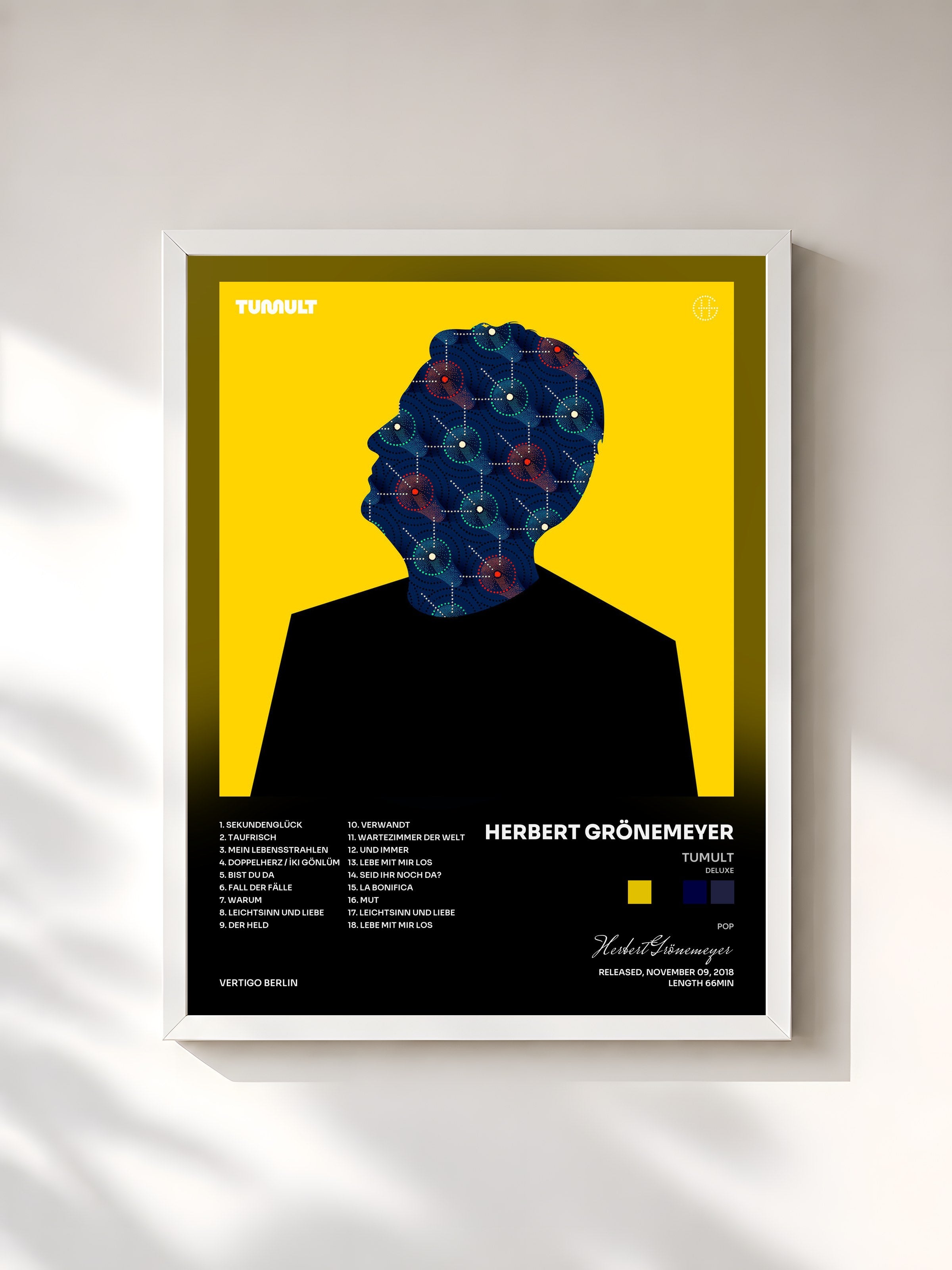 #blanc Tableau de l'album TUMULT (Deluxe) de Herbert Grönemeyer, cadre blanc, imprimé et encadré en France