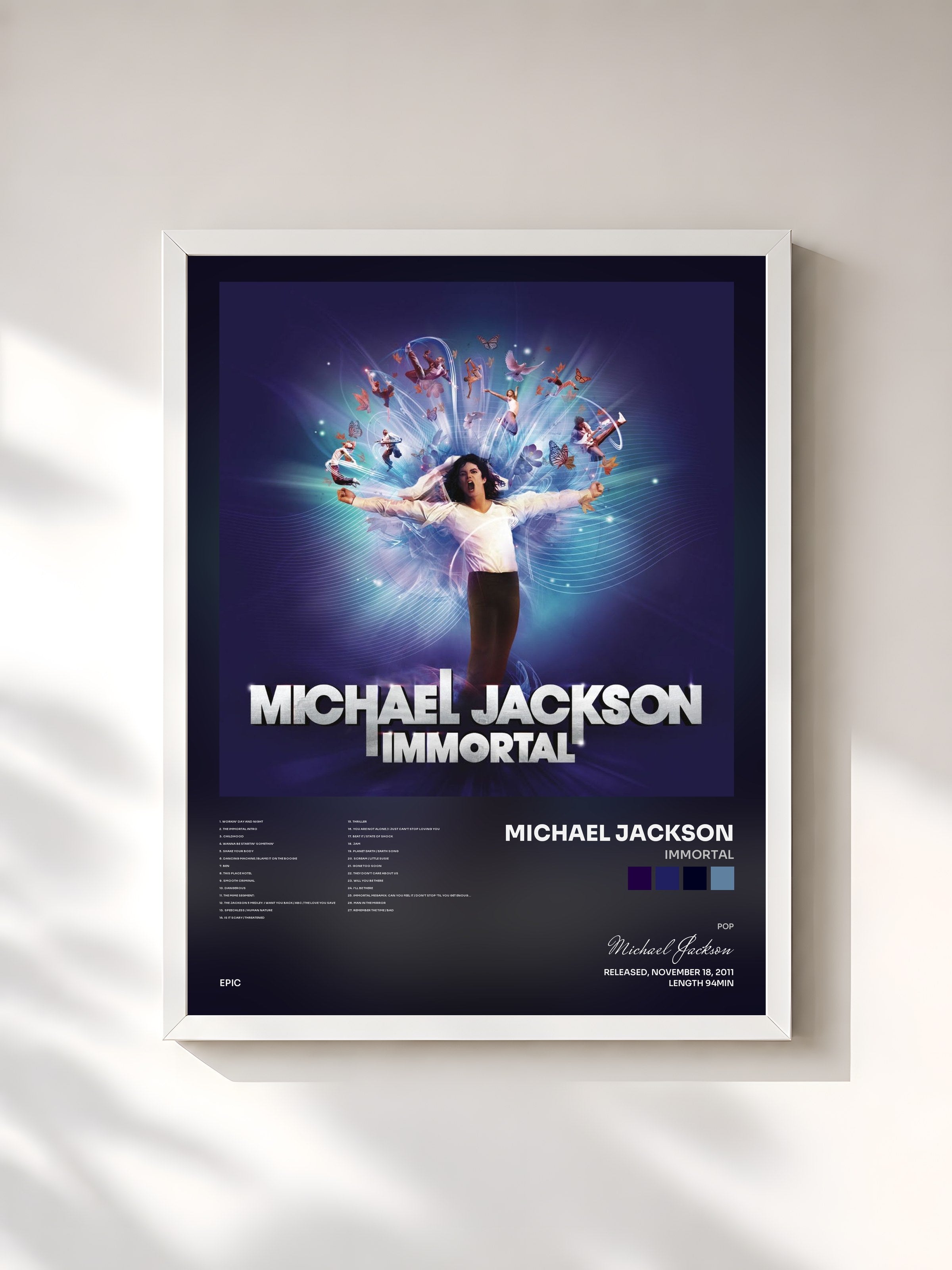 #blanc Immortal by Michael Jackson as a framed art print, white frame, printed and framed in France