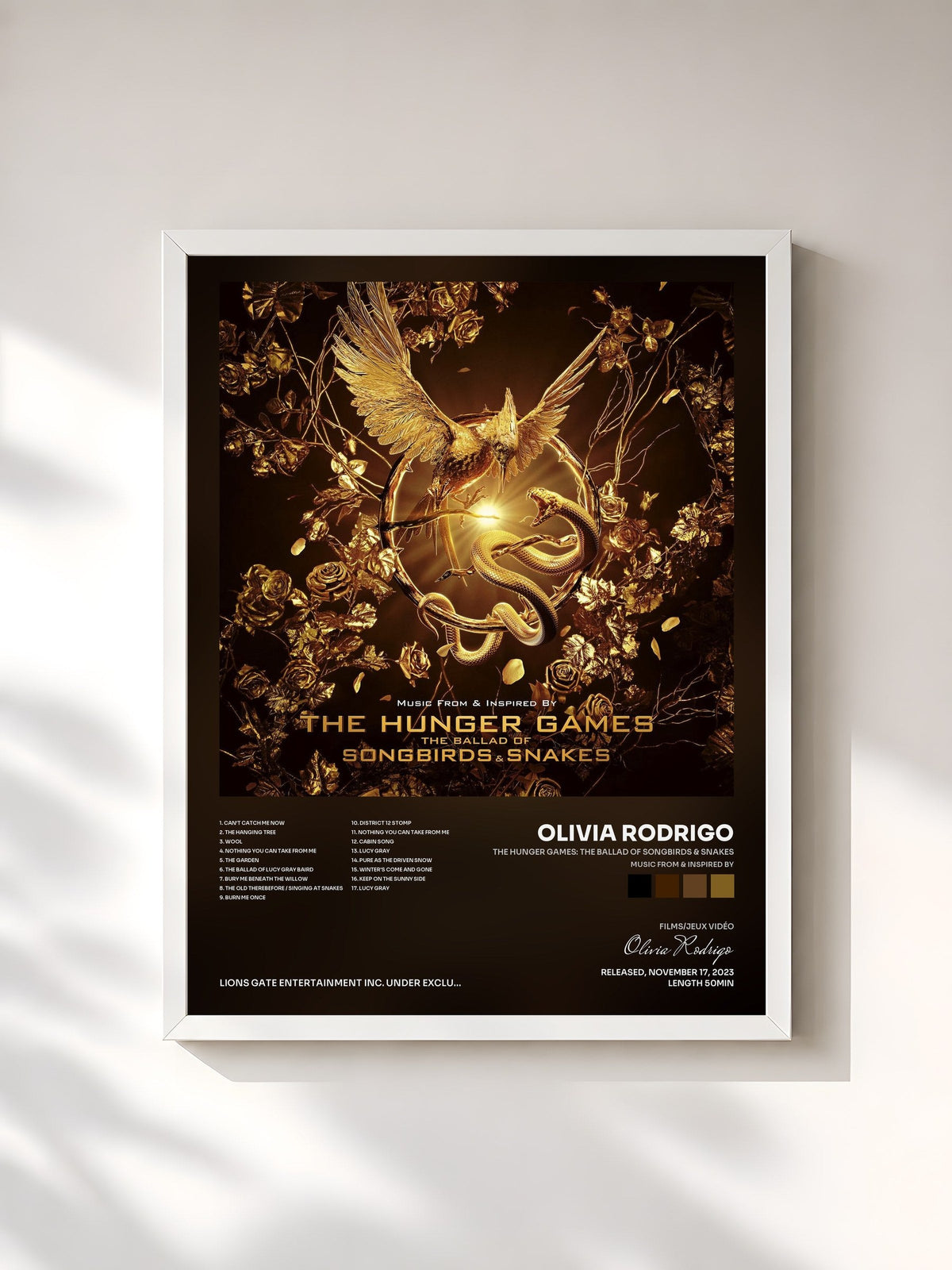 #blanc Tableau de l'album The Hunger Games: The Ballad of Songbirds & Snakes (Music From & Inspired By) de Olivia Rodrigo, cadre blanc, imprimé et encadré en France