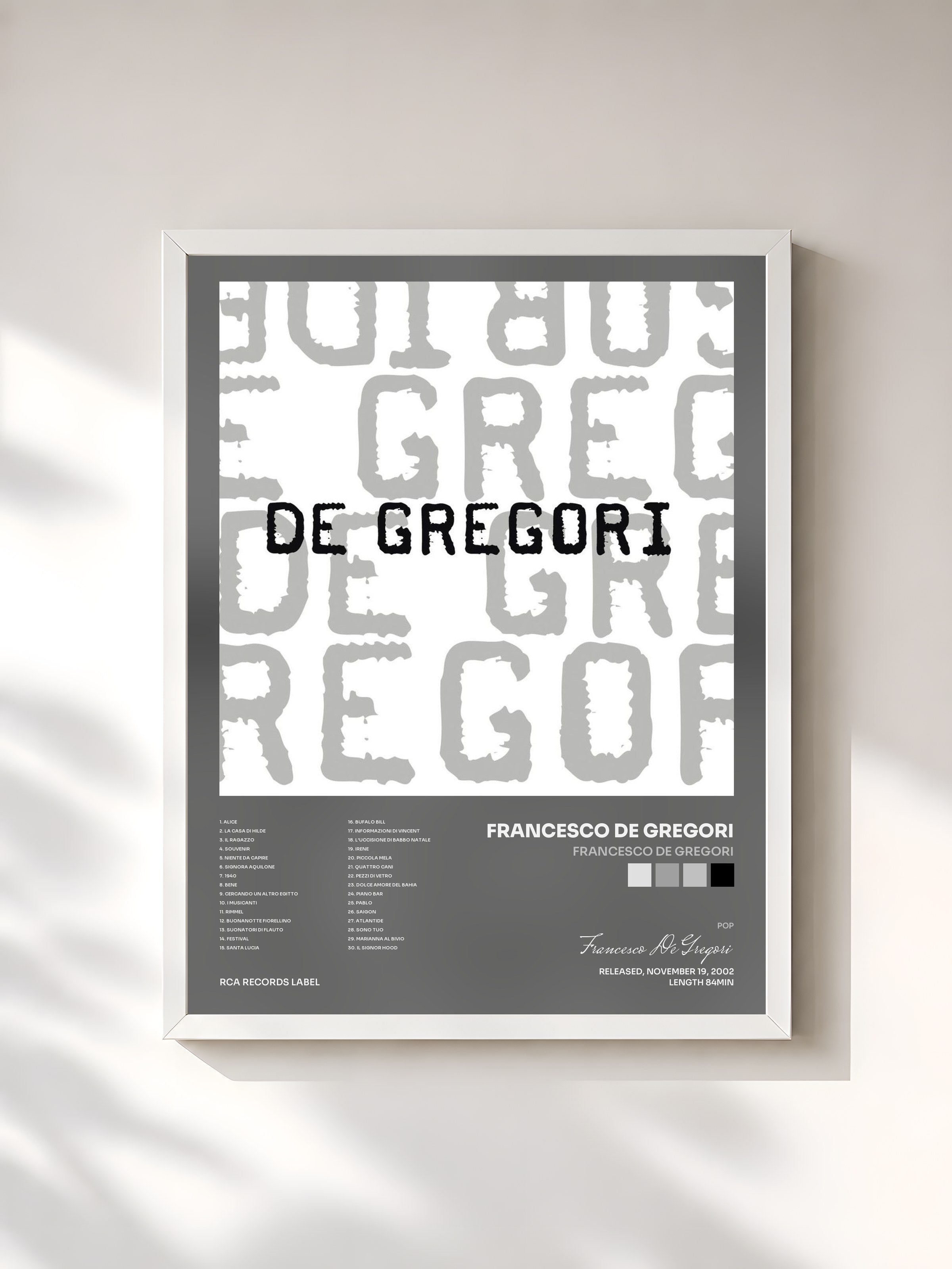 #blanc Tableau de l'album Francesco De Gregori de Francesco De Gregori, cadre blanc, imprimé et encadré en France
