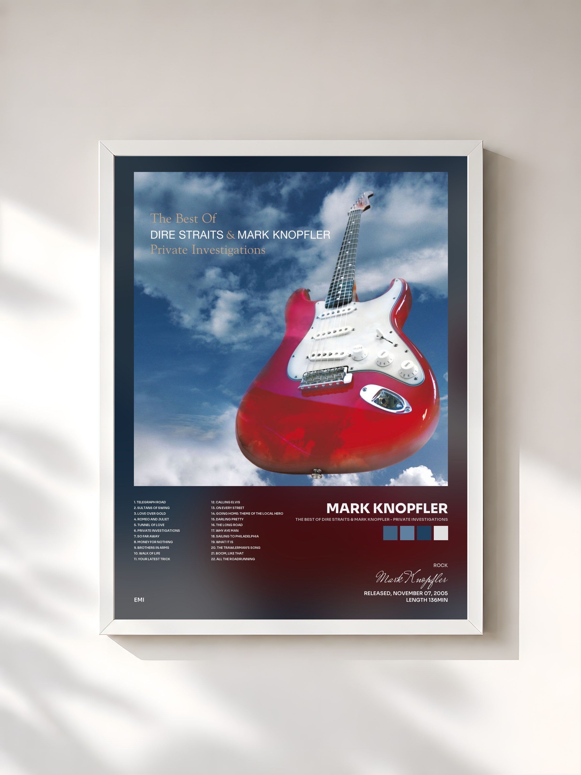 #blanc Tableau de l'album The Best Of Dire Straits & Mark Knopfler - Private Investigations de Mark Knopfler, cadre blanc, imprimé et encadré en France