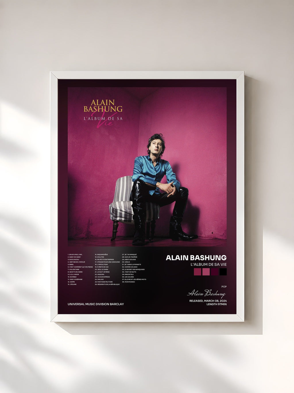 #blanc L'album di sa vie de Alain Bashung in stampa incorniciata, cornice bianca, stampata e incorniciata in Francia