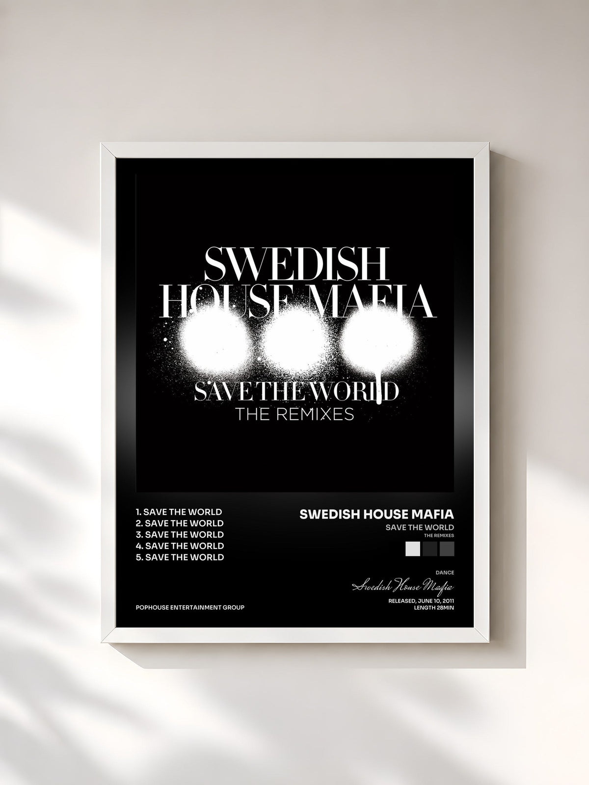 #blanc Tableau de l'album Save The World (The Remixes) de Swedish House Mafia, cadre blanc, imprimé et encadré en France