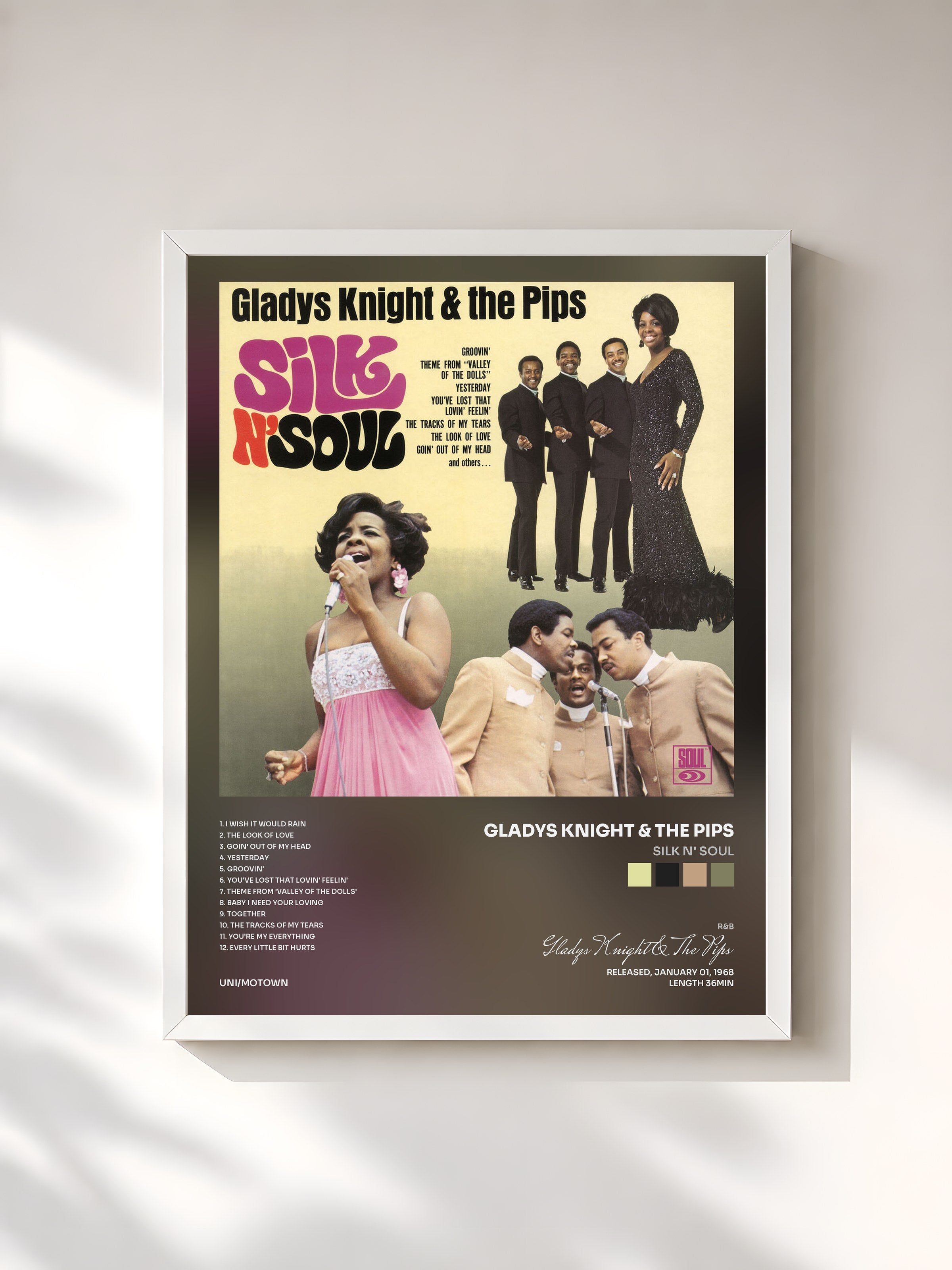 #blanc Tableau de l'album Silk N' Soul de Gladys Knight & The Pips, cadre blanc, imprimé et encadré en France