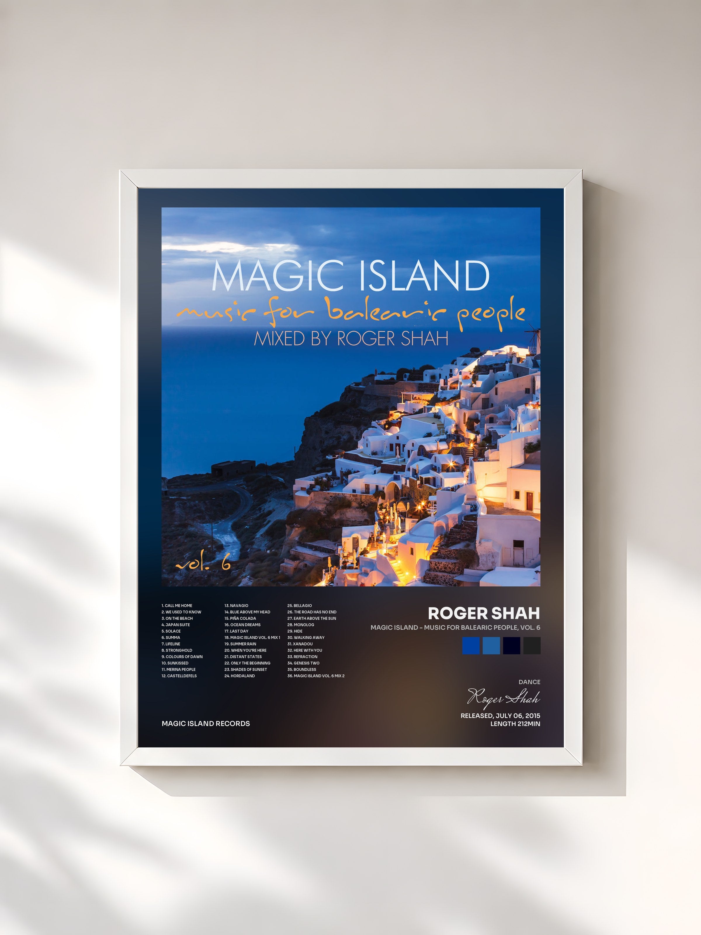 #blanc Tableau de l'album Magic Island - Music for Balearic People, Vol. 6 de Roger Shah, cadre blanc, imprimé et encadré en France