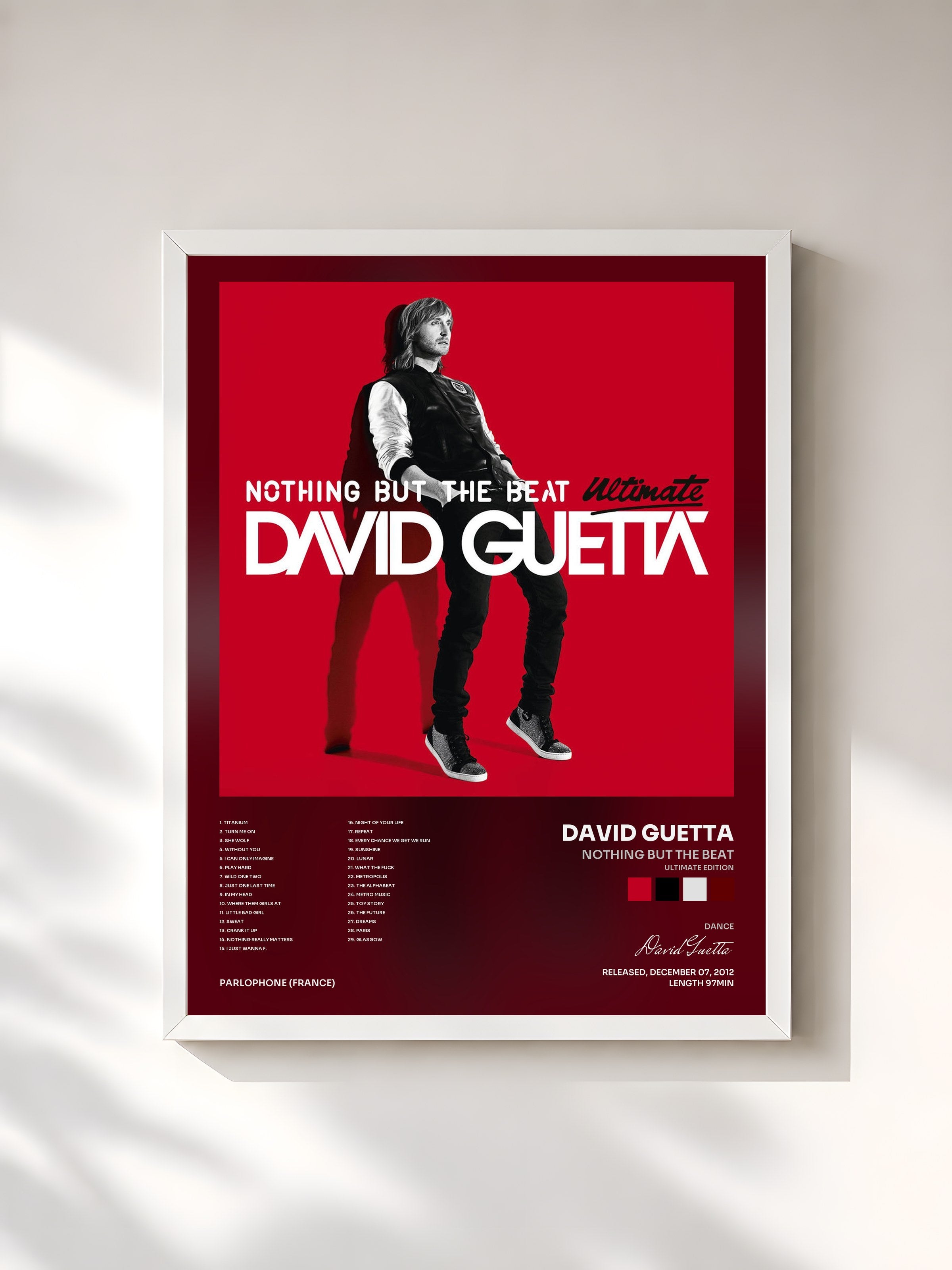 #blanc Tableau de l'album Nothing but the Beat (Ultimate Edition) de David Guetta, cadre blanc, imprimé et encadré en France