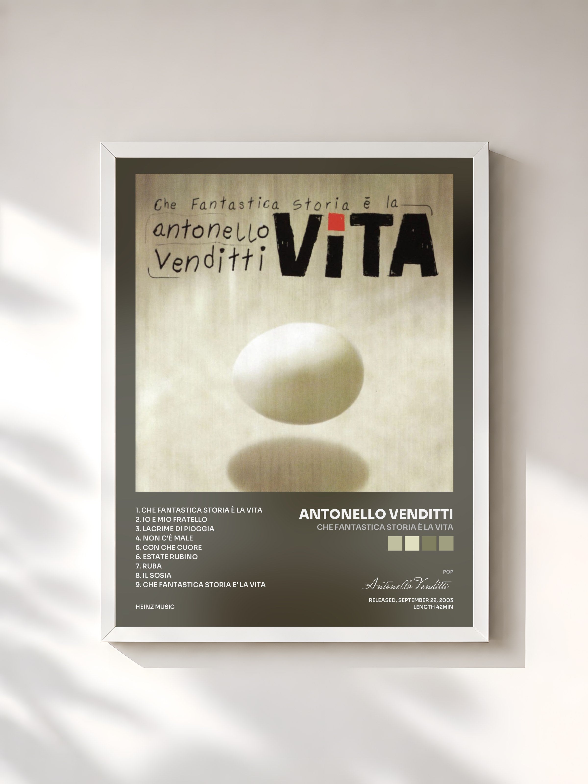 #blanc Tableau de l'album Che Fantastica Storia È La Vita de Antonello Venditti, cadre blanc, imprimé et encadré en France