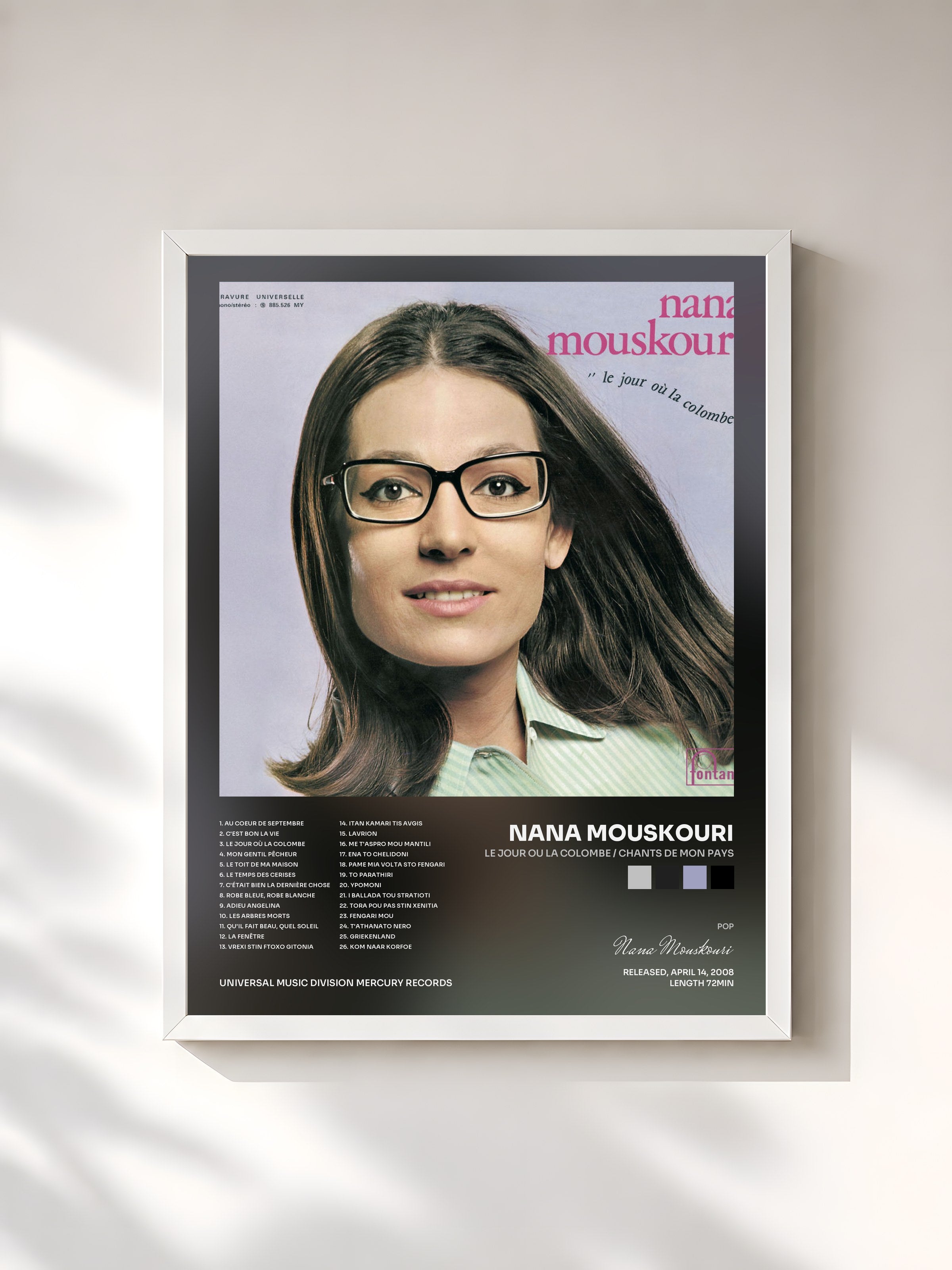 #blanc Tableau de l'album Le Jour Ou La Colombe / Chants De Mon Pays de Nana Mouskouri, cadre blanc, imprimé et encadré en France