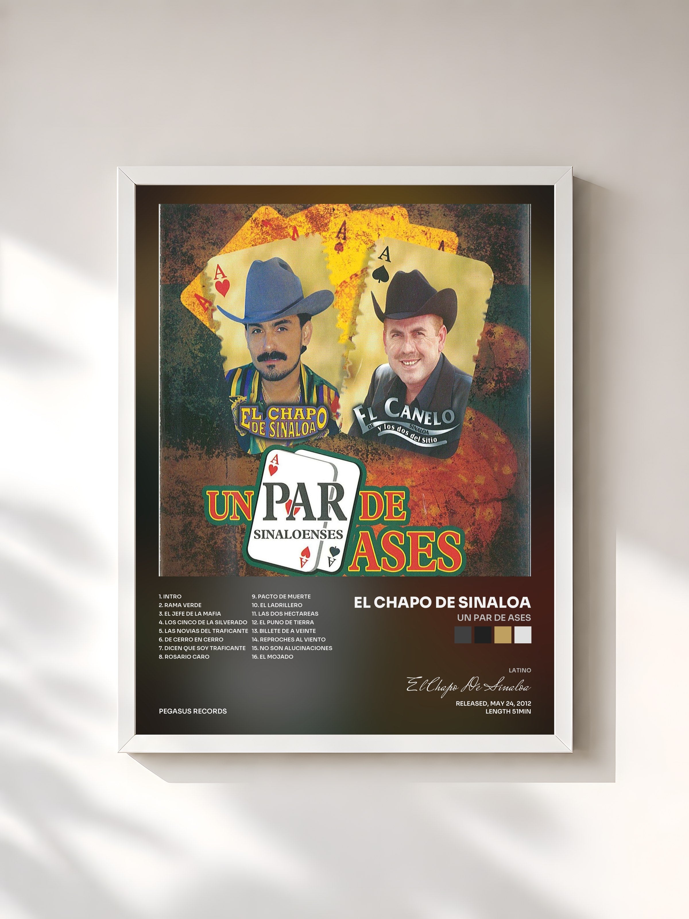 #blanc Tableau de l'album Un Par De Ases de El Chapo De Sinaloa, cadre blanc, imprimé et encadré en France