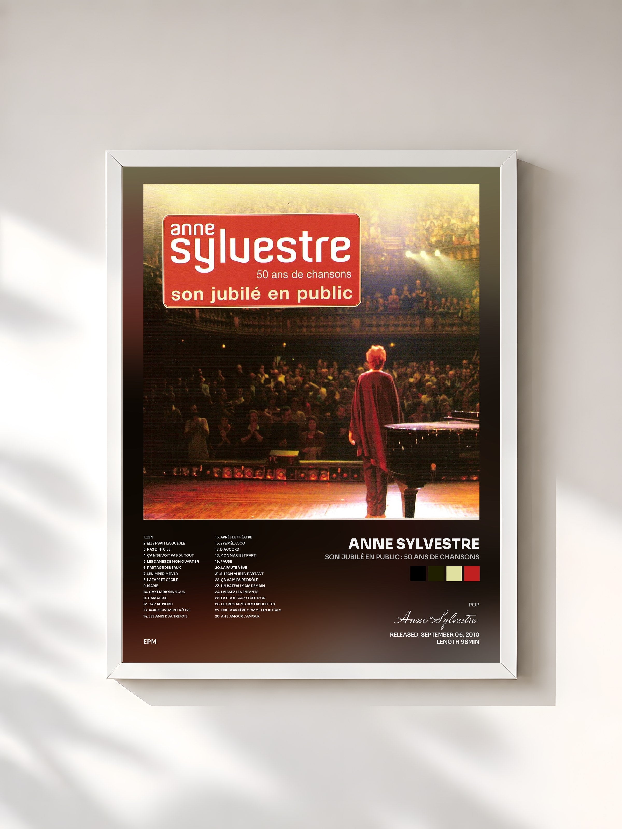 #blanc Tableau de l'album Son jubilé en public : 50 ans de chansons de Anne Sylvestre, cadre blanc, imprimé et encadré en France
