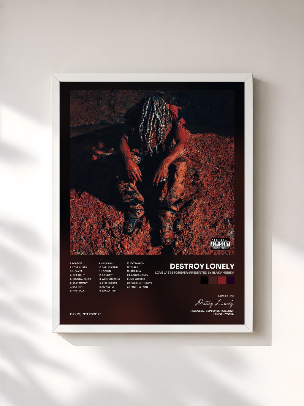 #blanc Tableau de l'album LOVE LASTS FOREVER: PRESENTED BY BLAKAMERIKA de Destroy Lonely, cadre blanc, imprimé et encadré en France