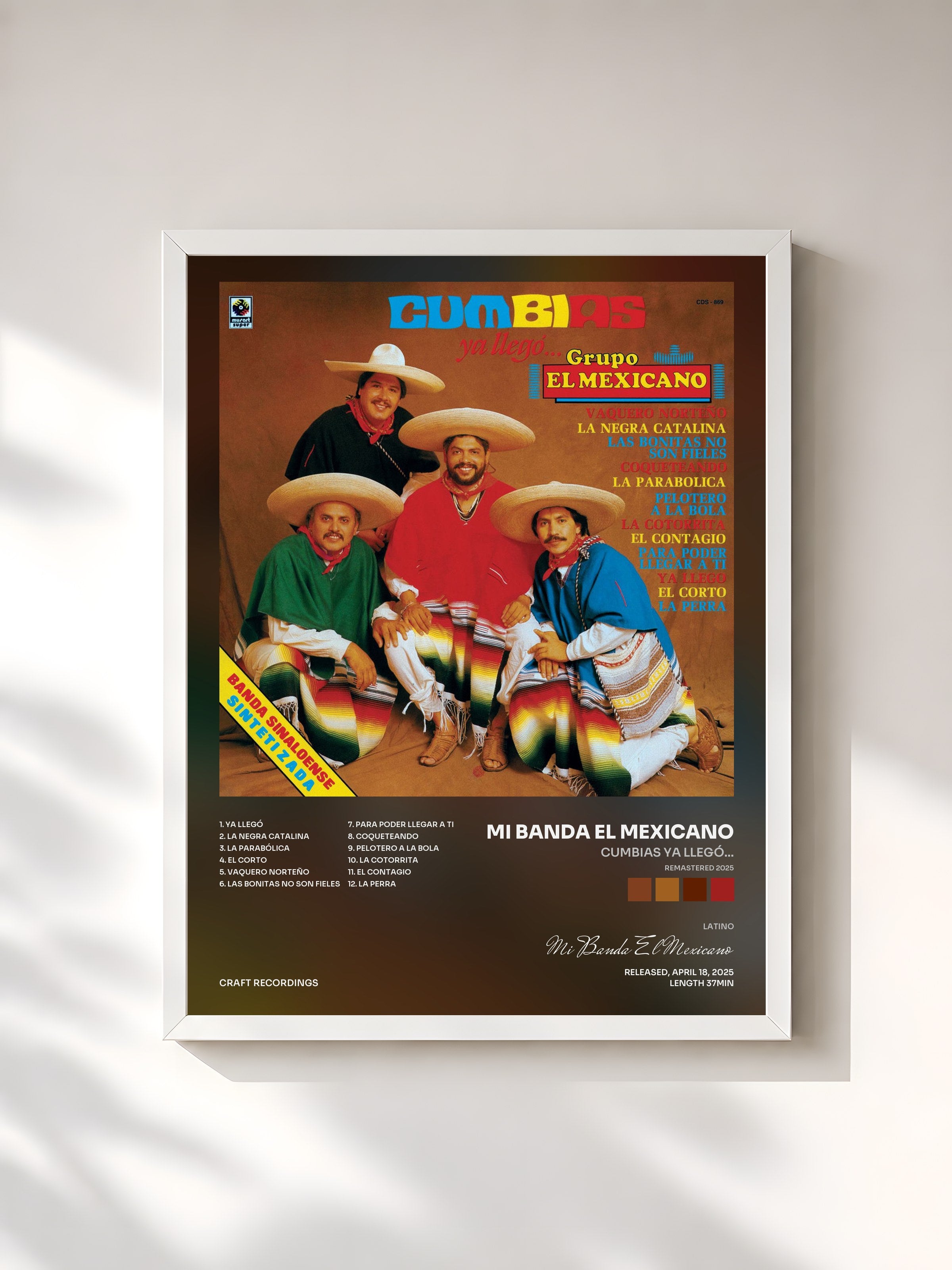 #blanc Tableau de l'album Cumbias Ya Llegó... (Remastered 2025) de Mi Banda El Mexicano, cadre blanc, imprimé et encadré en France