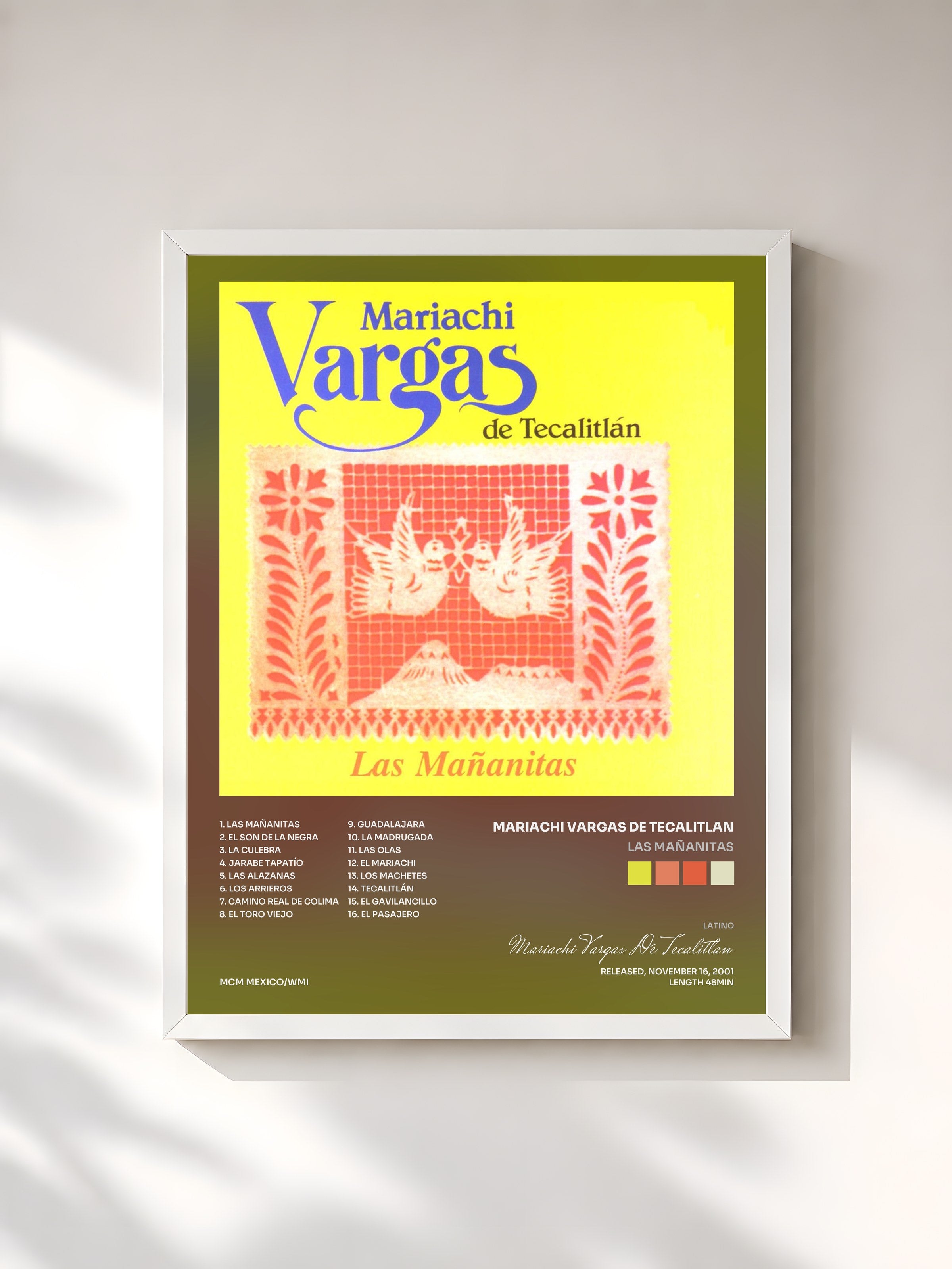 #blanc Tableau de l'album Las Mañanitas de Mariachi Vargas De Tecalitlan, cadre blanc, imprimé et encadré en France