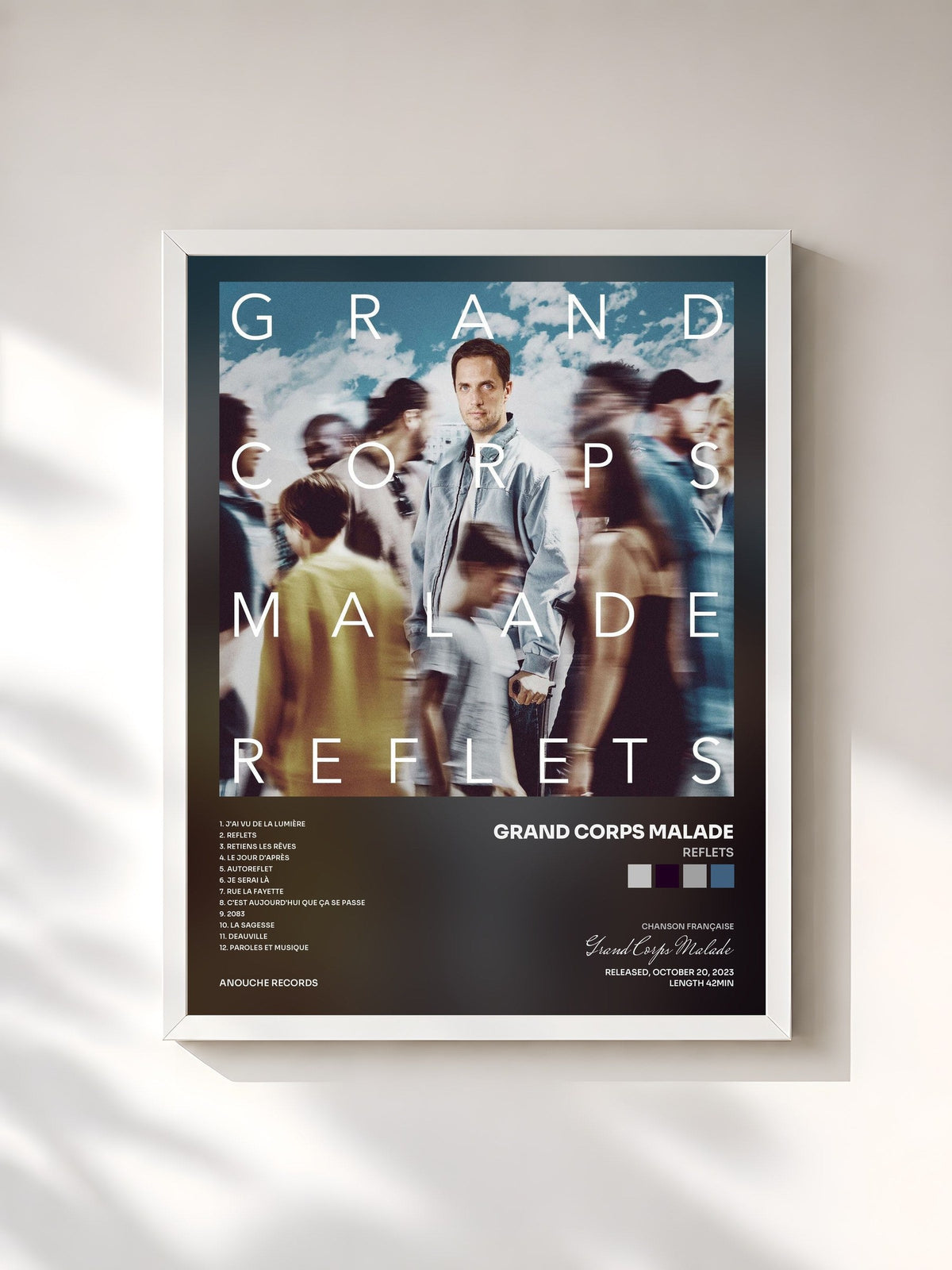 #blanc Tableau de l'album REFLETS de Grand Corps Malade, cadre blanc, imprimé et encadré en France