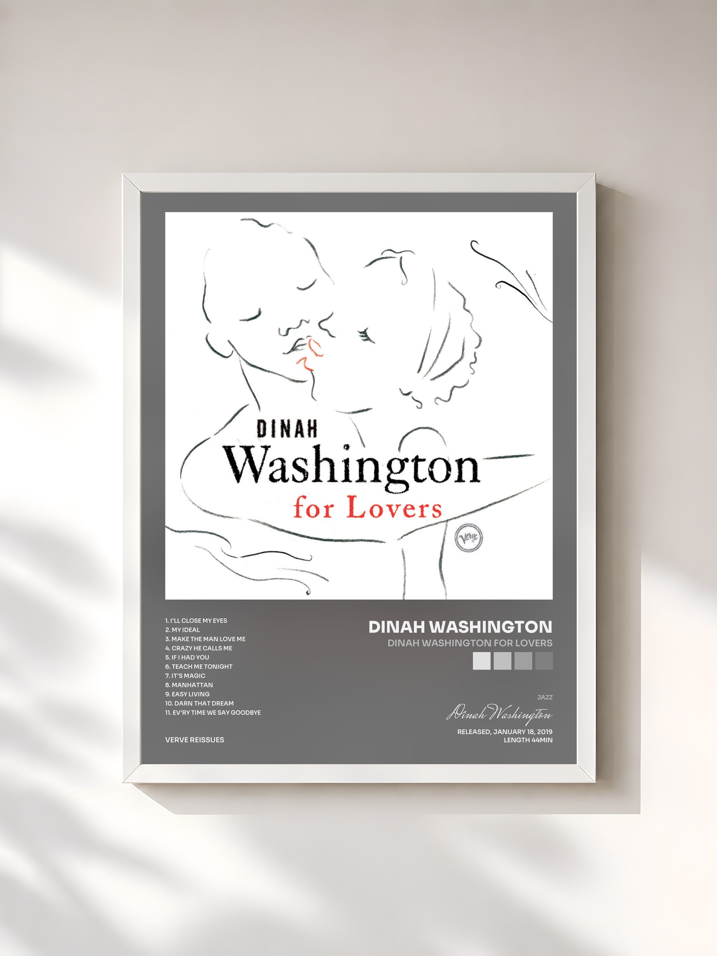 #blanc Tableau de l'album Dinah Washington For Lovers de Dinah Washington, cadre blanc, imprimé et encadré en France