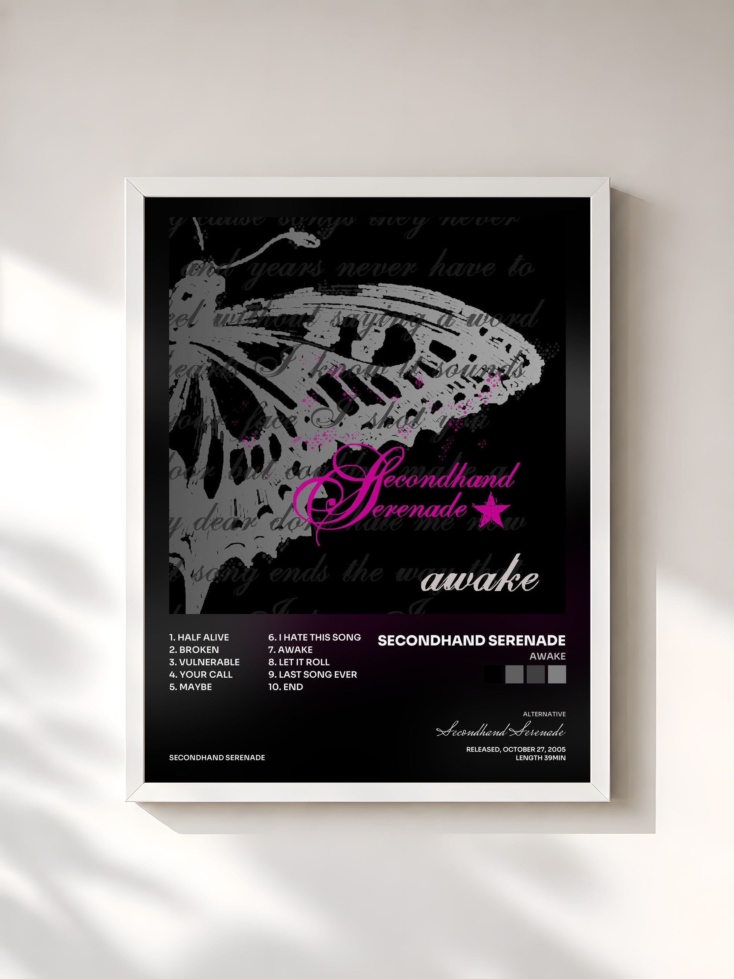 #blanc Tableau de l'album Awake de Secondhand Serenade, cadre blanc, imprimé et encadré en France