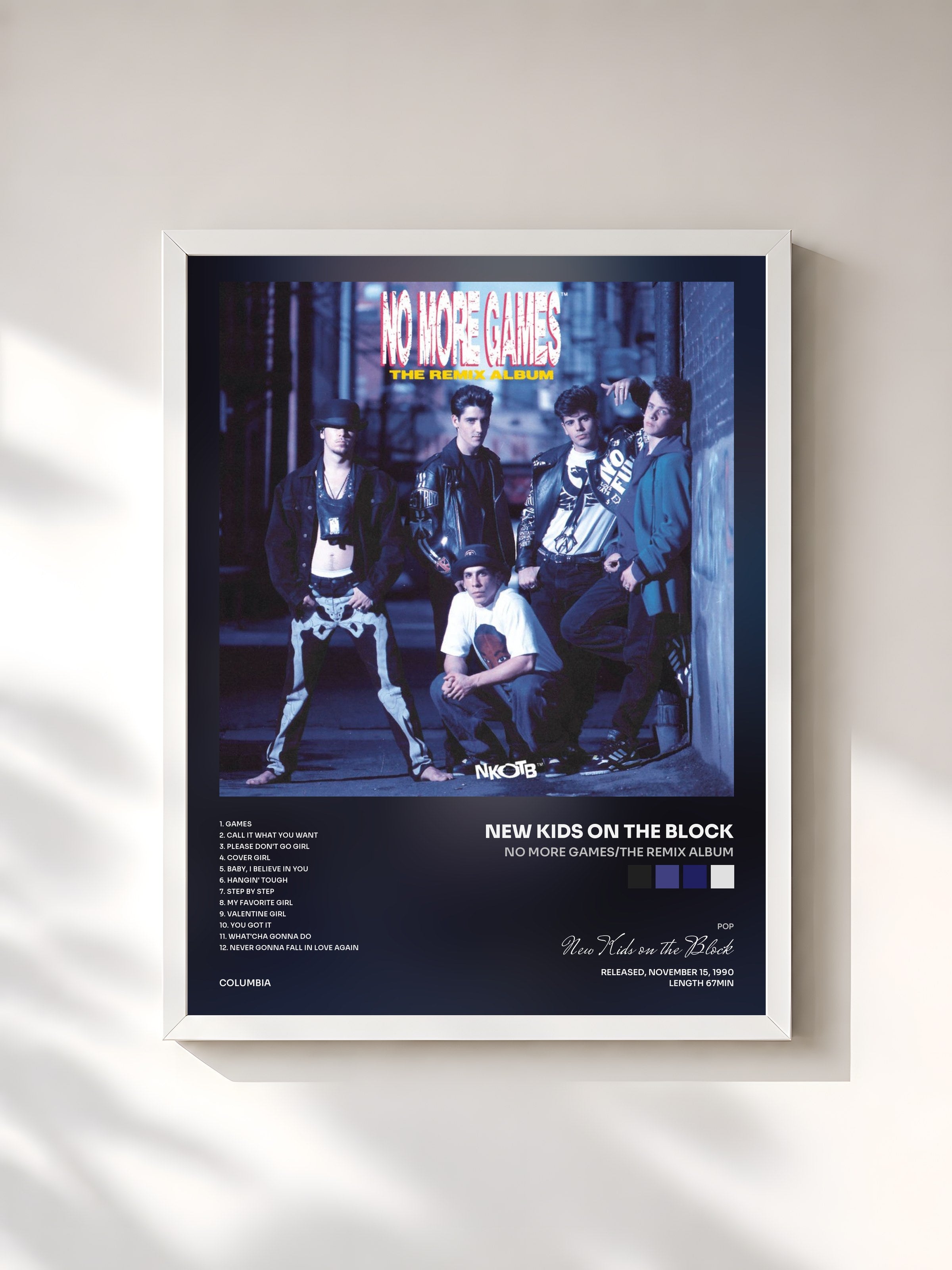 #blanc Tableau de l'album No More Games/The Remix Album de New Kids on the Block, cadre blanc, imprimé et encadré en France