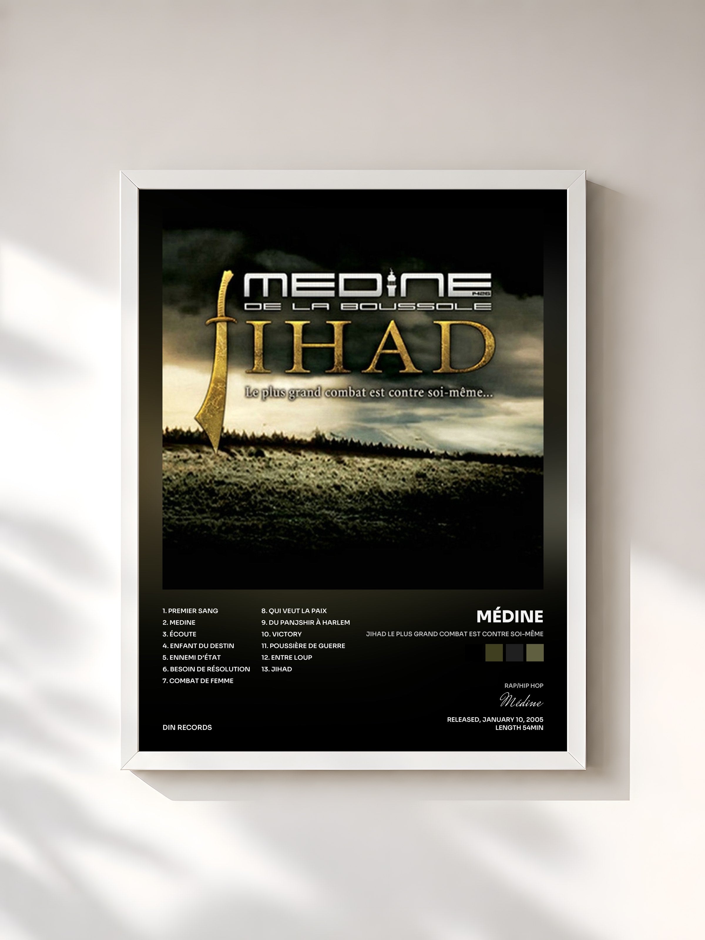 #blanc Tableau de l'album Jihad le plus grand combat est contre soi-même de Médine, cadre blanc, imprimé et encadré en France