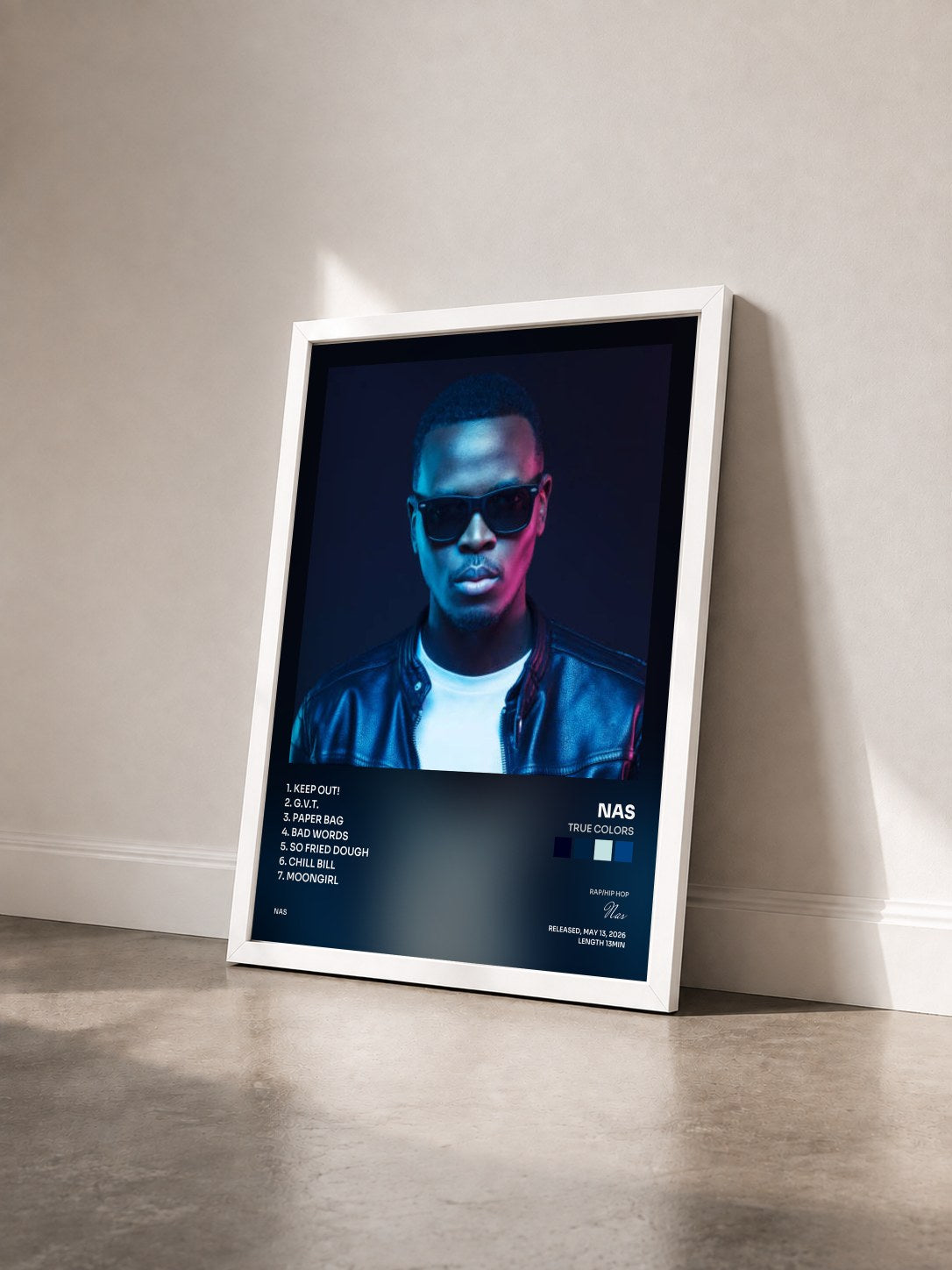#blanc Tableau de l'album True Colors de Nas vu de trois quarts, cadre blanc