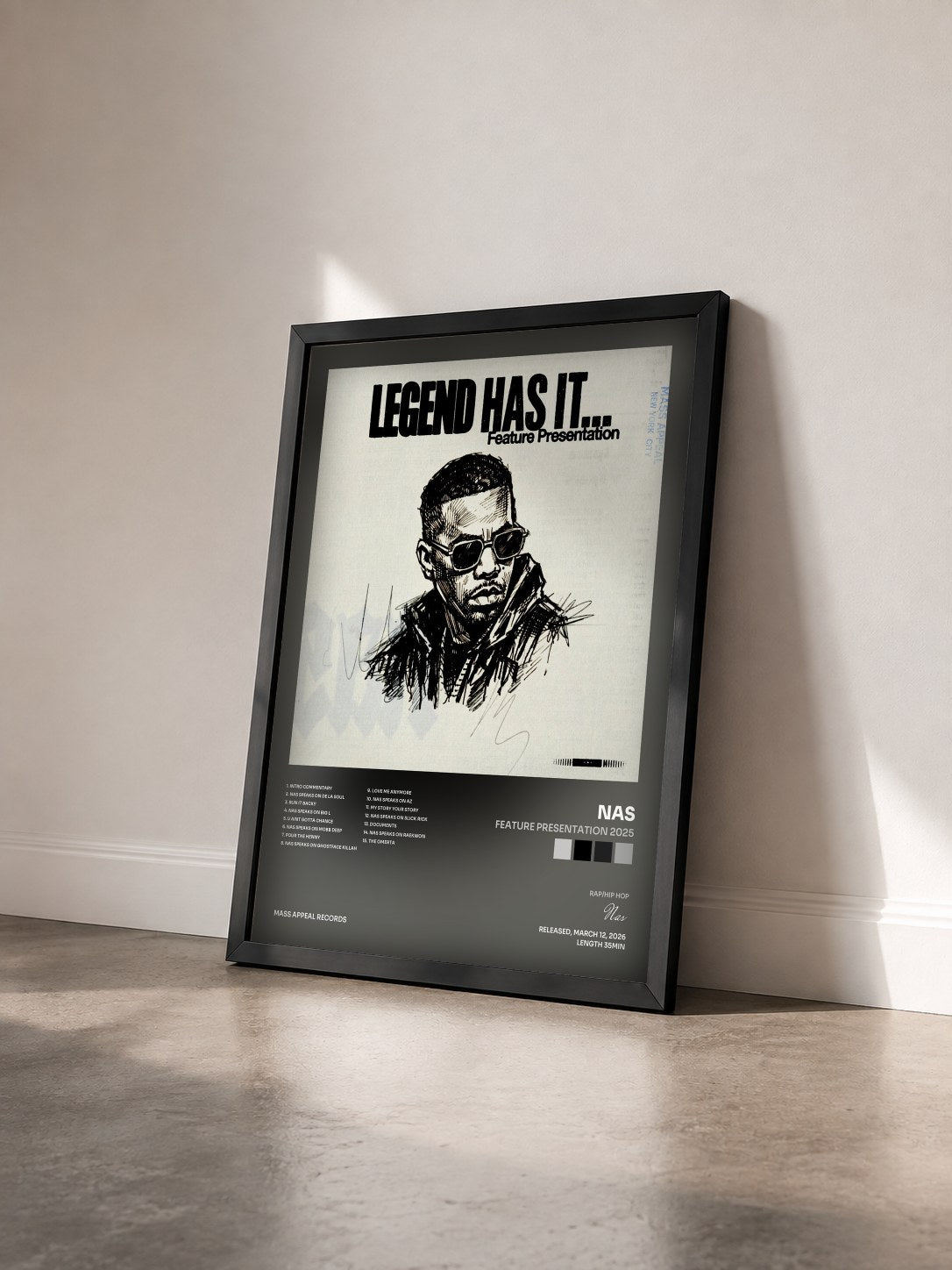 #noir Tableau de l'album Feature Presentation 2025 de Nas vu de trois quarts, cadre noir