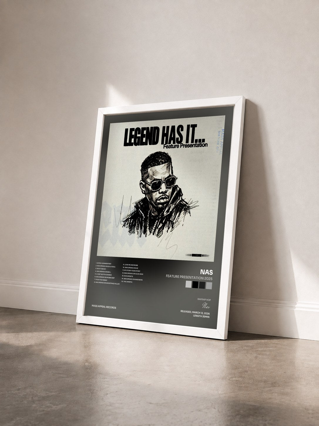 #blanc Tableau de l'album Feature Presentation 2025 de Nas vu de trois quarts, cadre blanc